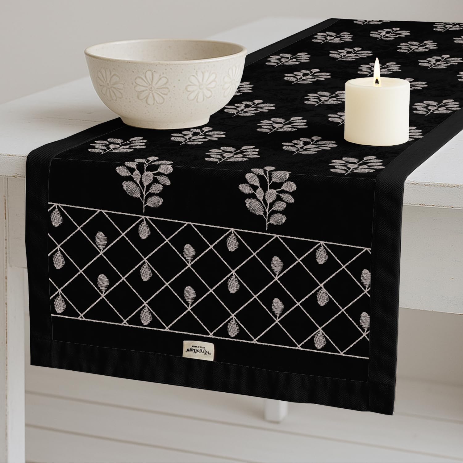Boho Cotton Table Runner - Double Layer with Printed Leaves Design - Machine Washable - Table Décor for Kitchen, Living & Events, 14" x 60"