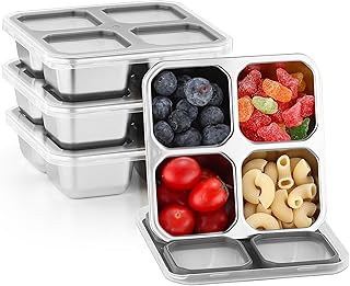 Misichao 4 Compartments Snack Containers | Reusable Split Food Storage Containers | Small Bento Lunch Box for Kids Adults | School Work and Travel (4, Grey)