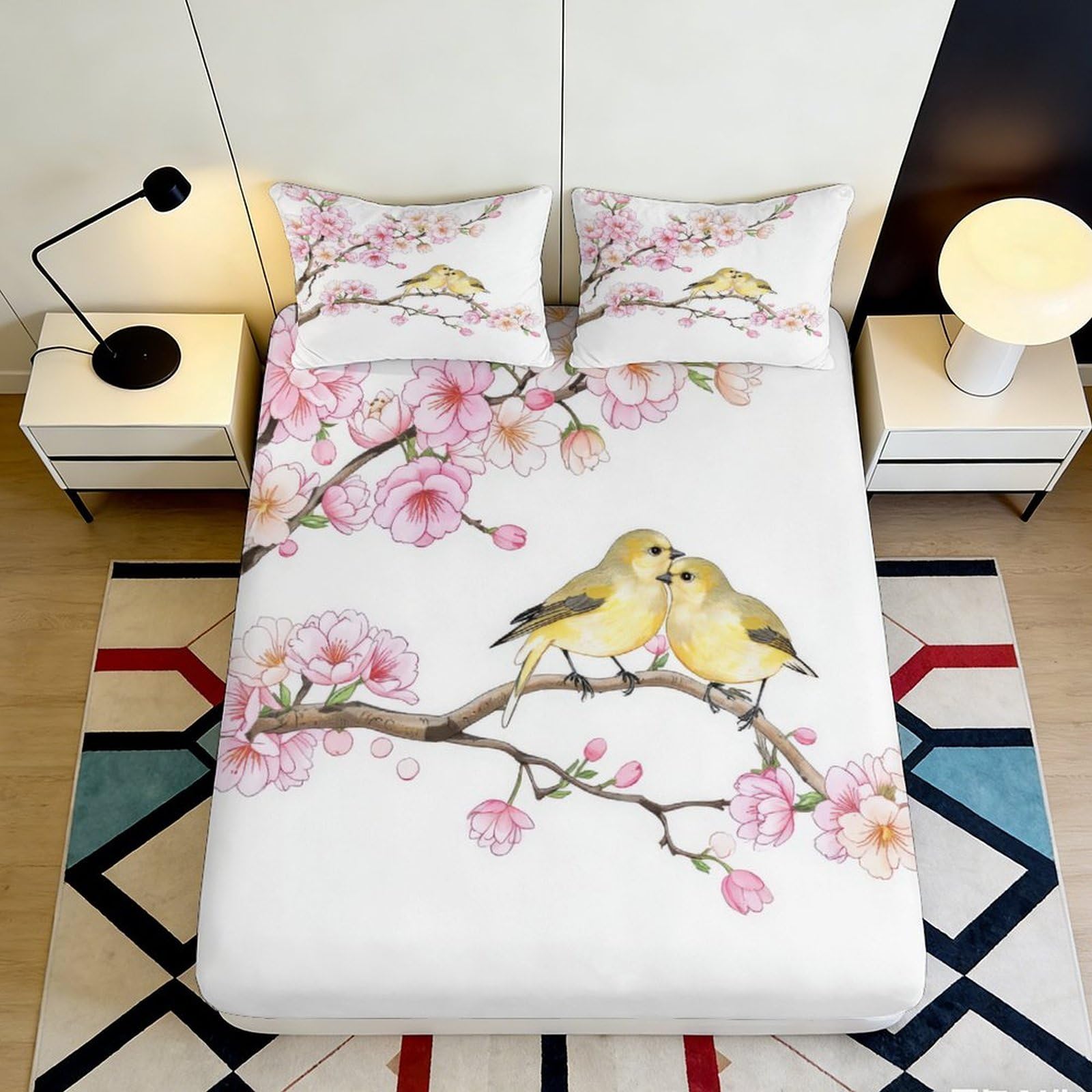 3D Printed Blossom Bird Fitted Sheet Microfiber Soft Floral Branch Bed Cover for Bedroom Guest Room Decor 90x200x25cm