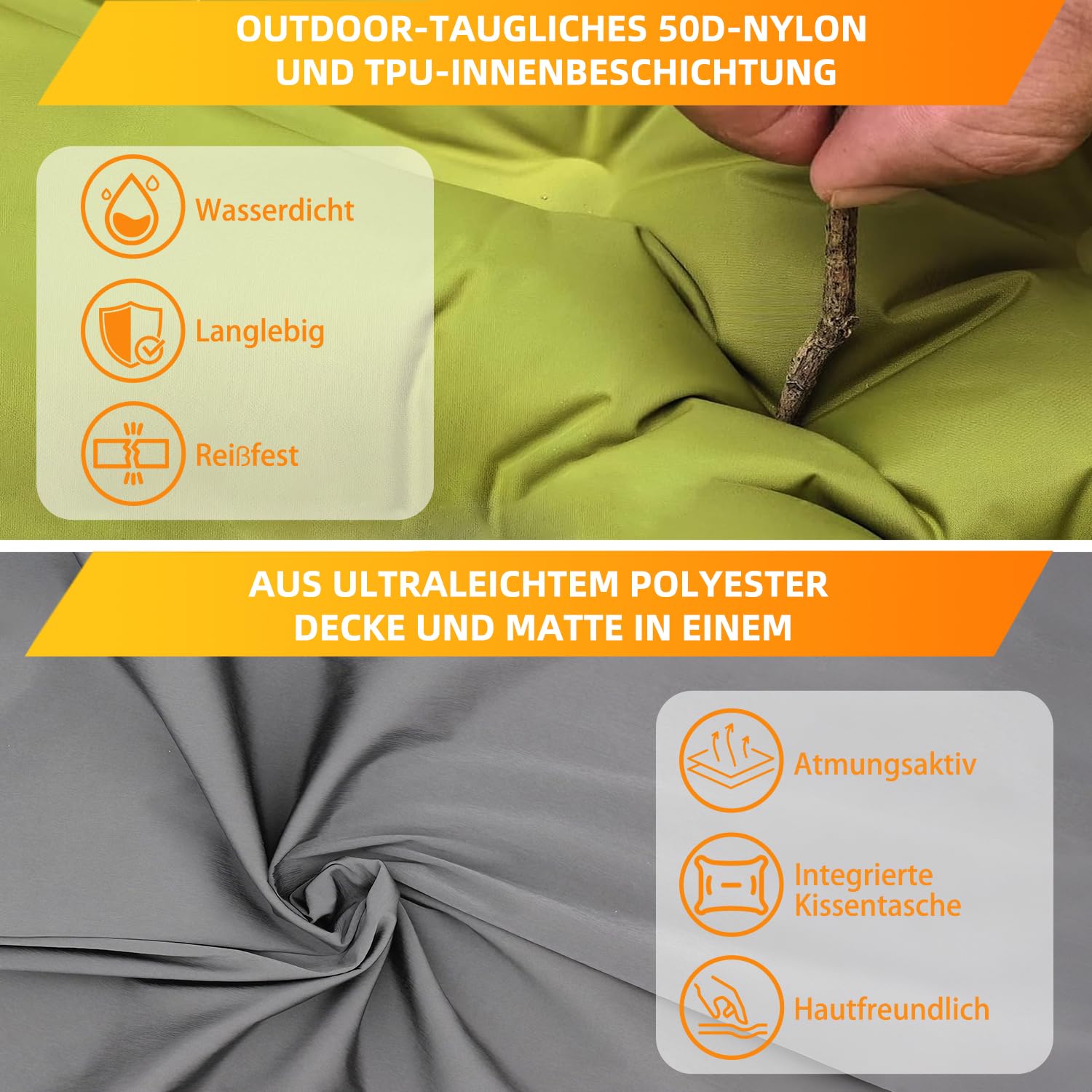 Matelas Auto-gonflant Camping 13 Cm – Pompe à Pied Intégrée, 197x66 Cm, Nylon 50D, Avec Coussin Et Sac De Couchage