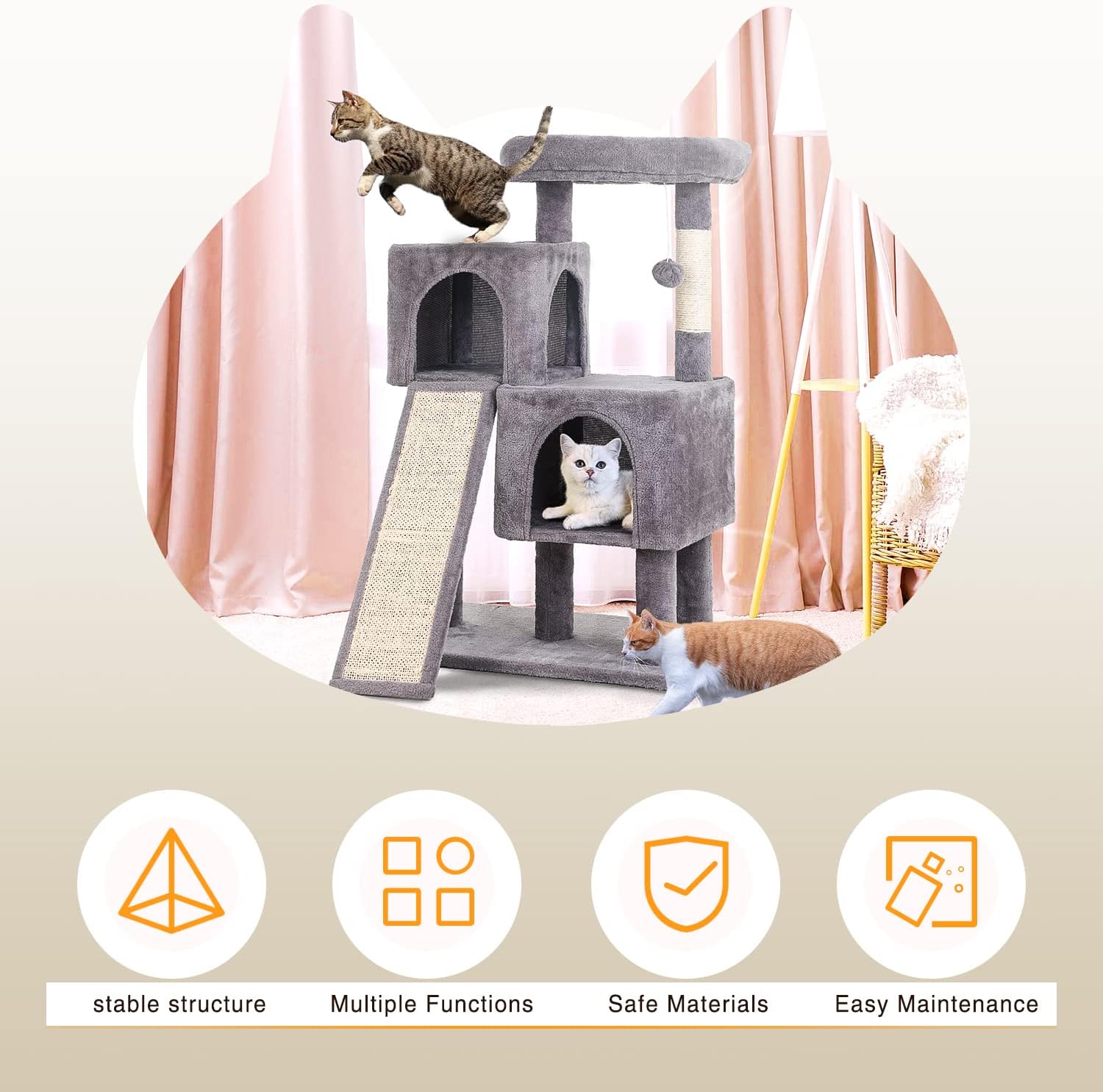 36 inches Cat Tower,Cat Tree for Indoor Cats with Scratching Posts Multi-Level Cat House with Ramp,Double Condos,Spacious Perch,Scratching Sisal Post and Dangling Balls for Kittens,Ashy