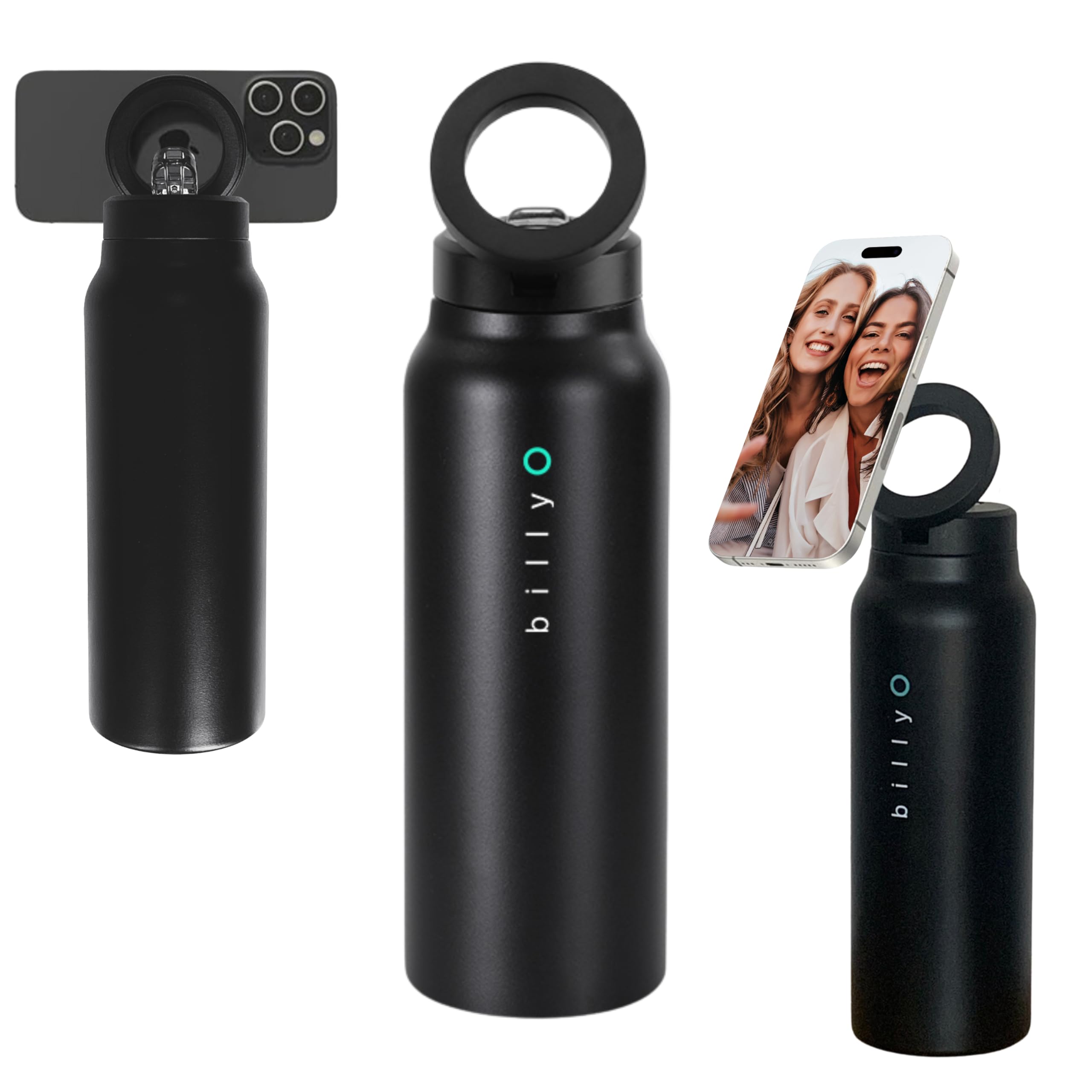 BillyO Bottle Gym and Sport Flask with Adjustable Phone Holder/Tripod | 700ml Stainless Steel Insulated Bottle with Magnetic Leak-Proof Lid | Nozzled and Screw-Topped | 24 Hours Cold, 12 Hours Hot