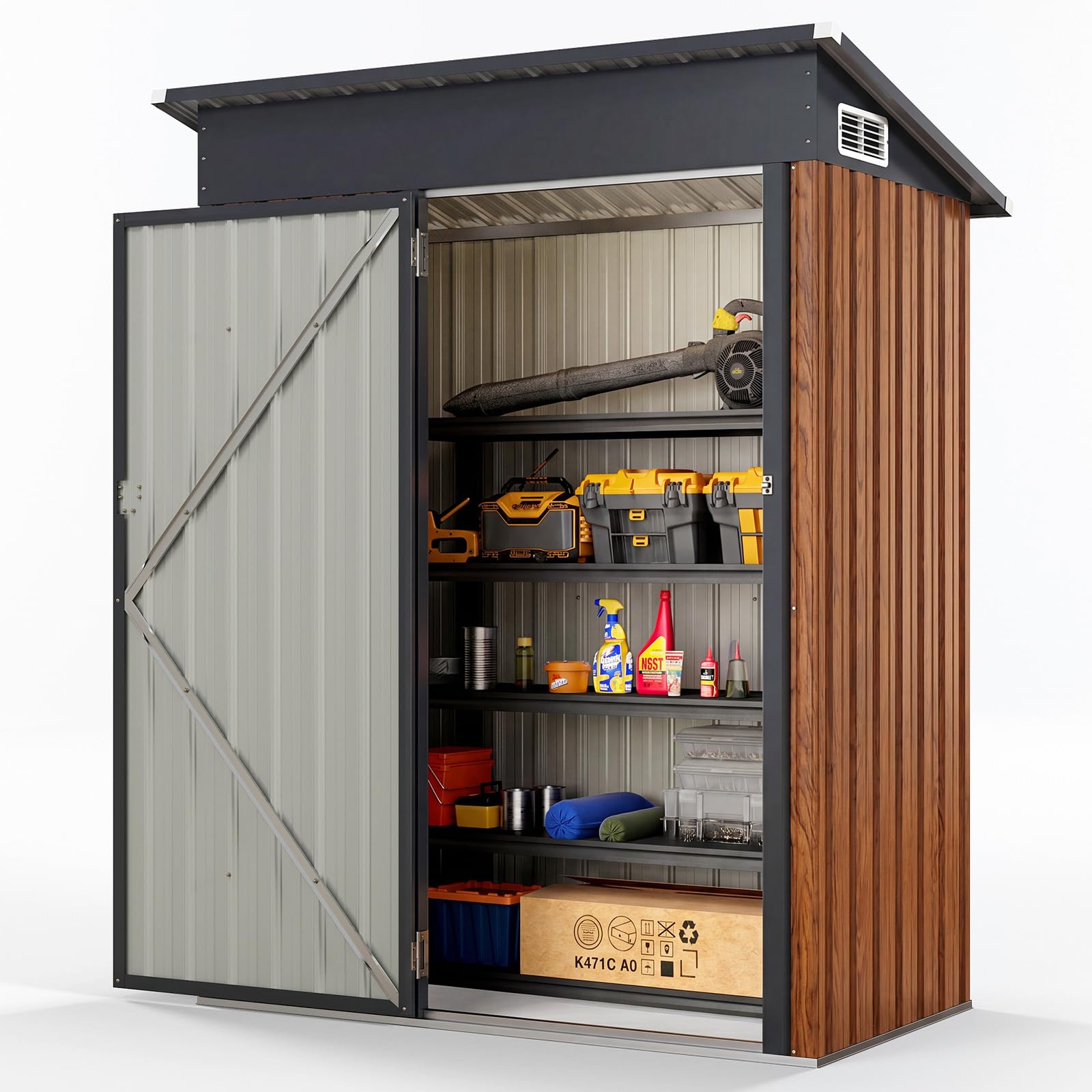COSTWAY Armadio da Esterno in Metallo Zincato (Legno) | Capanno Giardino con Tetto Inclinato, Venti d'Aria e Porta con Chiusura, Casetta Porta Attrezzi da Cortile, Prato e Patio