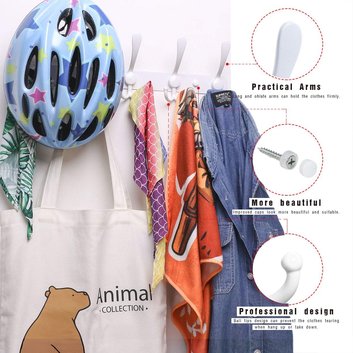 VXAR Coat Racks Wall Mounted 5 Tri Hooks Hanger Heavy Duty Stainless Steel for Hanging Towel Clothes Robes Bag Purse Entryway Bathroom Bedroom White 2P