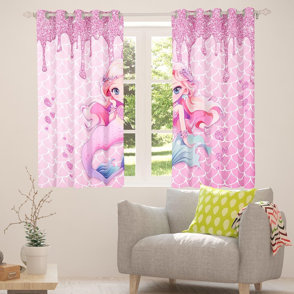 Manfei Mermaid Girls Blackout Curtain Pink Glitter Diamond Window Drapes for Kid Princess Room Decor Pink Mermaid Fish Scale Window Treatments - Image 4