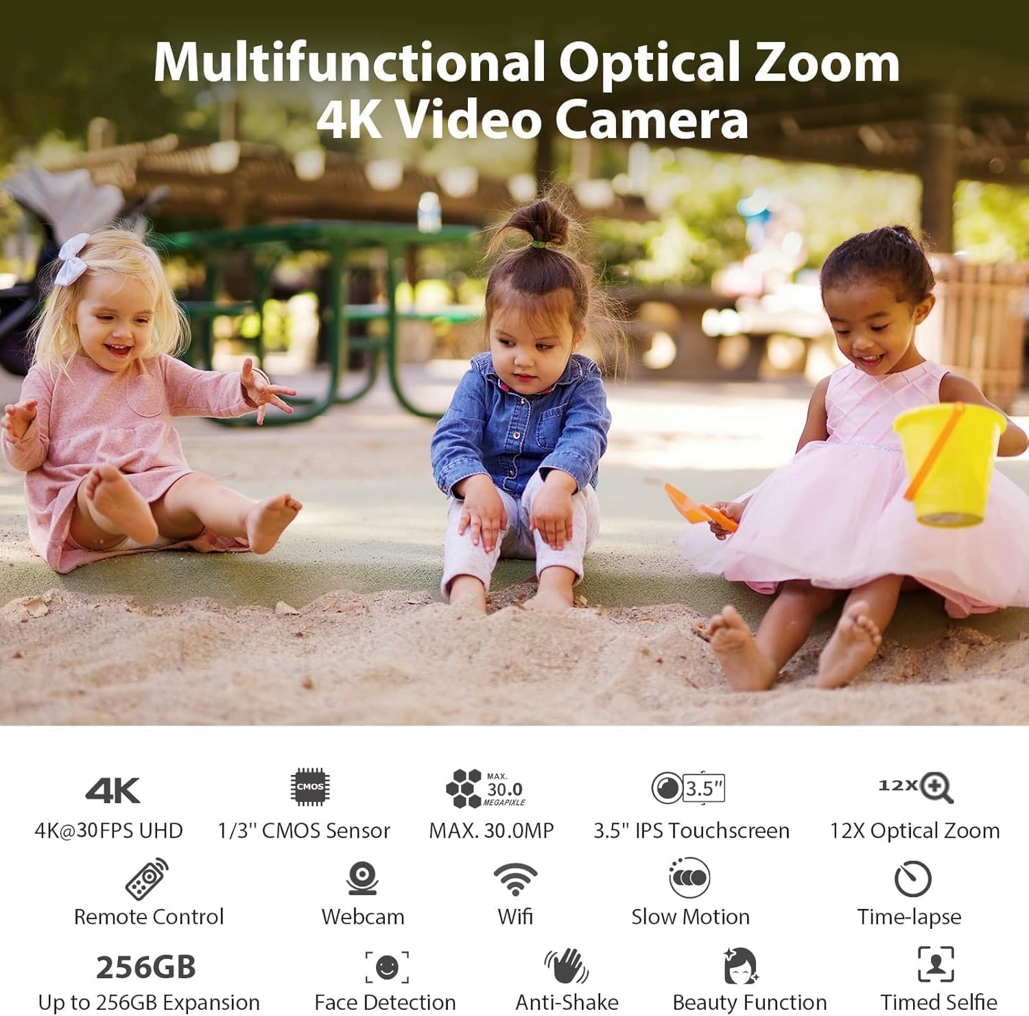 ORDRO 4K Video Camera AX65 Optical Camcorder-3.5'' IPS Touch Screen 12X Optical Zoom Vlogging Camera for LiveStreaming with WiFi, Microphone, LED Light, 64G Card, 2 Batteries