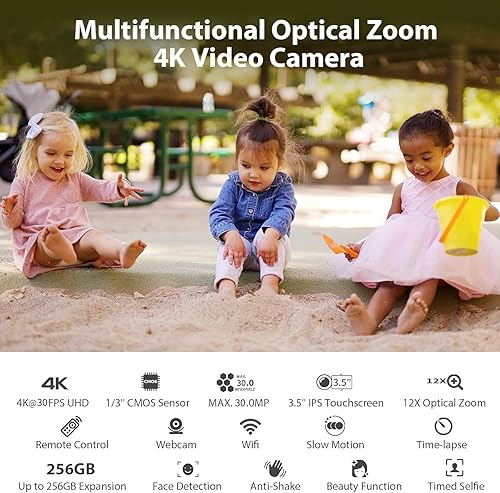 Miniatura 2 de ORDRO Cámara de video 4K AX65 Videocámara óptica, pantalla táctil IPS de 3.5 pulgadas, cámara de vlogging con zoom óptico 12X para transmisión en