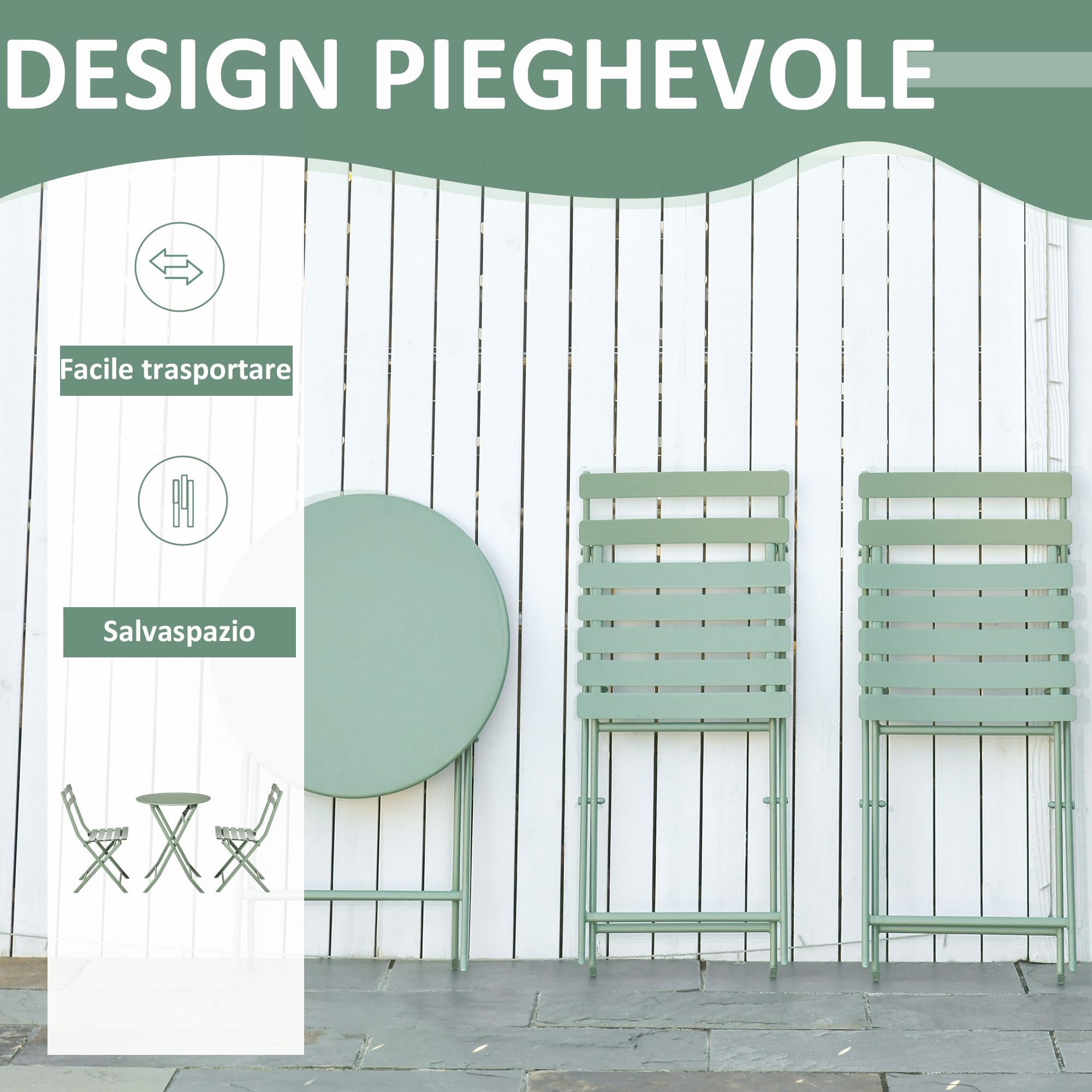 Outsunny Tavolino con Sedie da Giardino Pieghevoli in Acciaio Verde, Set 3 Pz per Balcone, Terrazzo, Esterno
