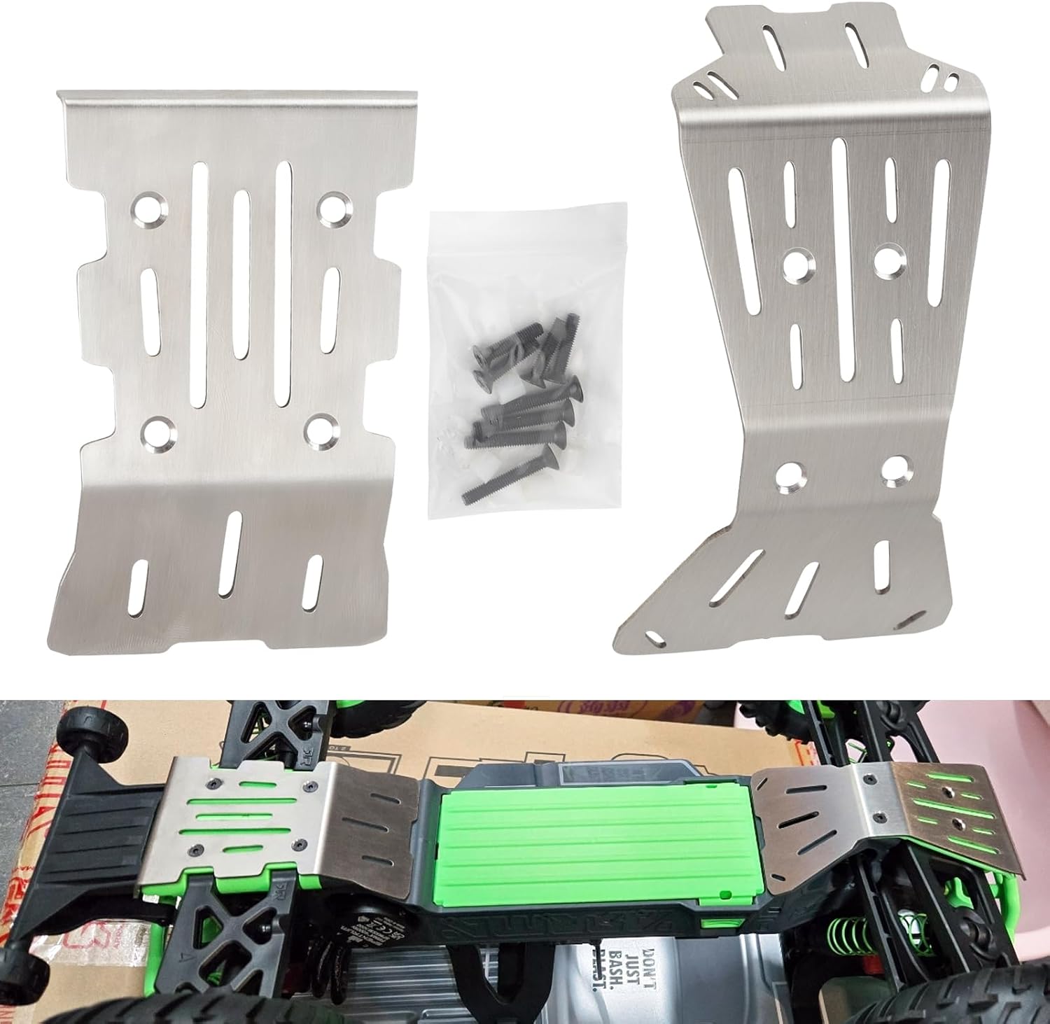 2-Piece Skid Plate Set, for ARRMA 1/10 Quake 2 Wheel Drive & 1/10 Gorgon 2 Wheel Drive, 1.5mm Vented Stainless Steel Chassis Armor Front & Rear Protection