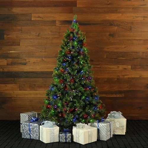 Miniatura 2 de Fraser Hill Farm Árbol de Navidad artificial de pino cañón de 6.5 pies con doble luces LED multicolor y blanco cálido y soporte, árbol falso