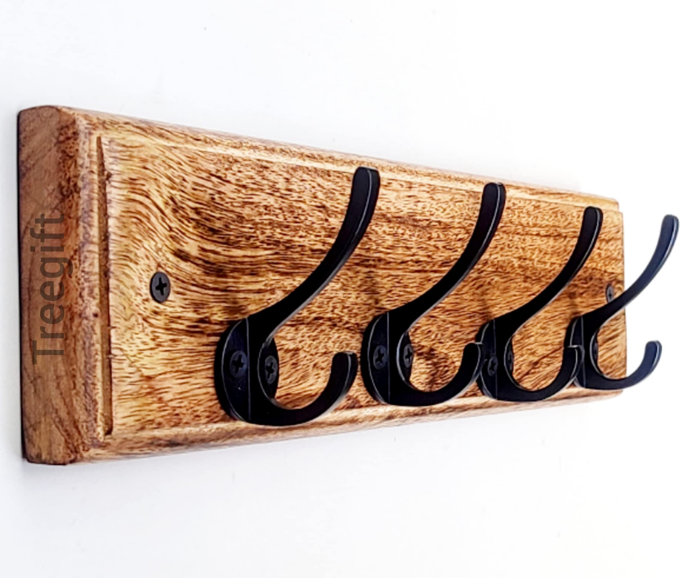 Treegift Heavy Duty Wooden Wall Mounted Hooks with Antique Smooth Finishing for Keys, Clothes, Coat, Towel.Size-14 by 3.5" inch (Brown) 4 Hooks