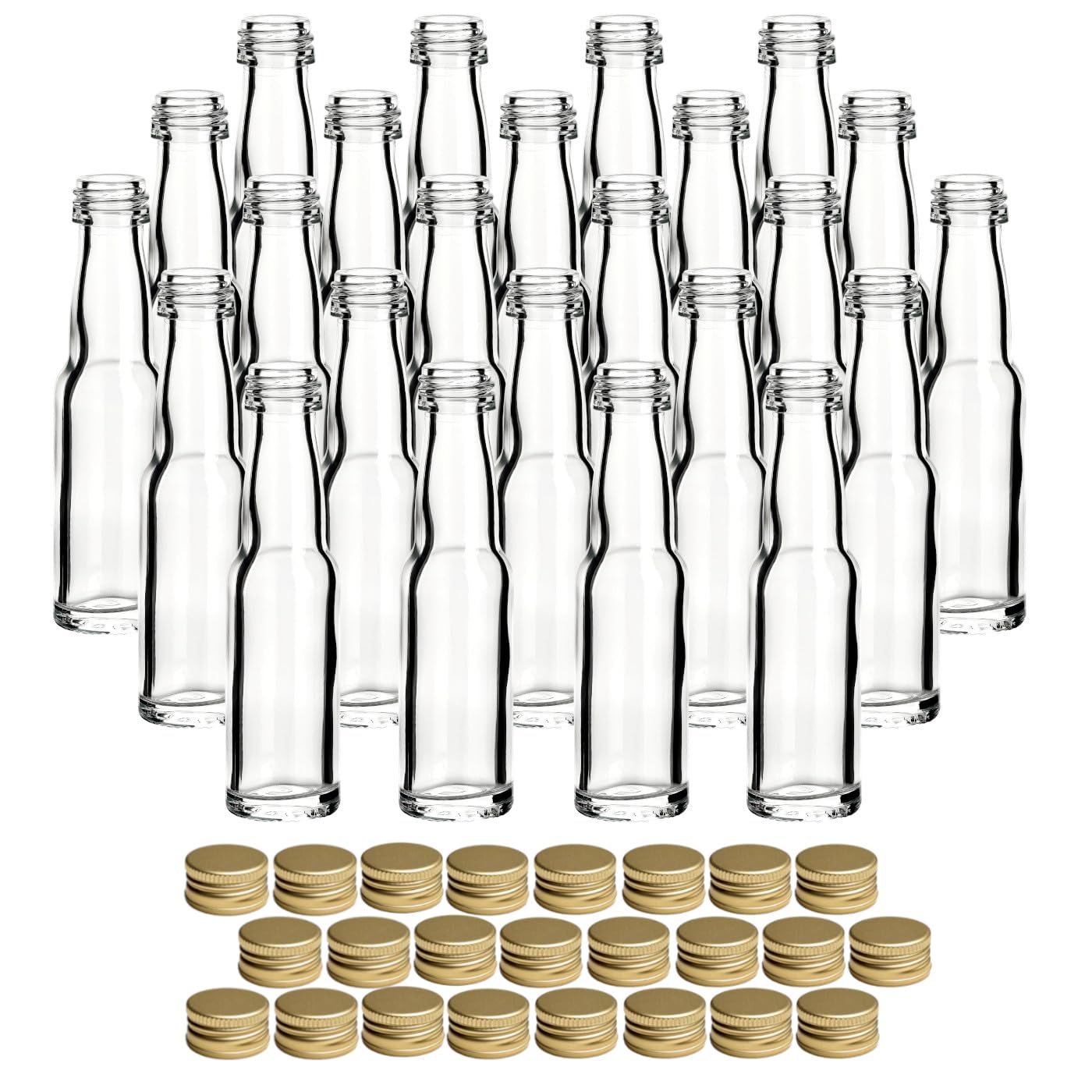 gouveo Set di 24 bottiglie di vetro lunghe 20 ml con tappo a vite oro - mini bottiglia da 0,02 l da riempire - bottiglie di vetro per liquori, grappe, olio o per l'artigianato (MFLR020G)