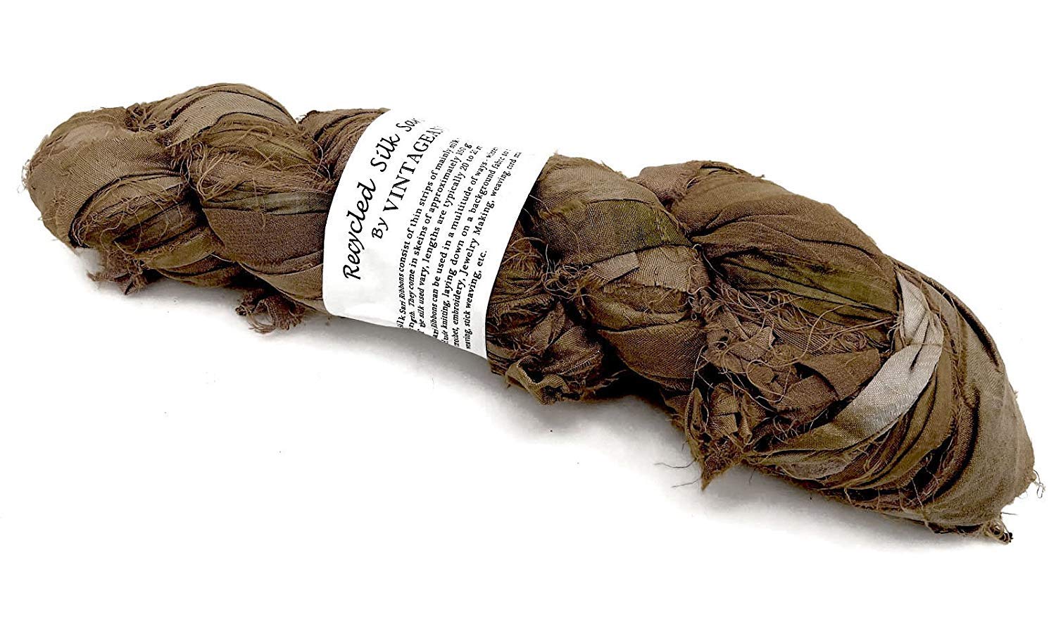 Vintageandyou 100g Recycled Sari Silk Ribbon Yarn, Jewelry Making Trim - Light Brown
