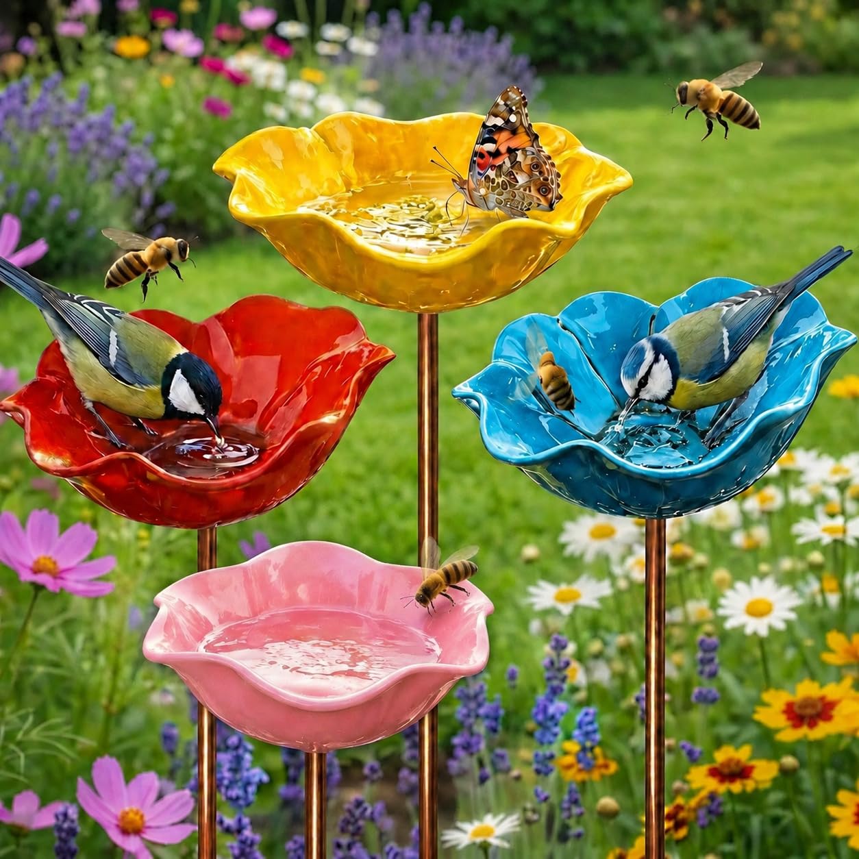Metal Bird Bath for Garden,Handmade Flower-Shaped Feeder,Freestanding Outdoor Birdbath,Wildlife Water Bowl for Birds,Bees and Butterflies – Garden,Lawn & Patio Decor（Red, Yellow, Blue, Pink）