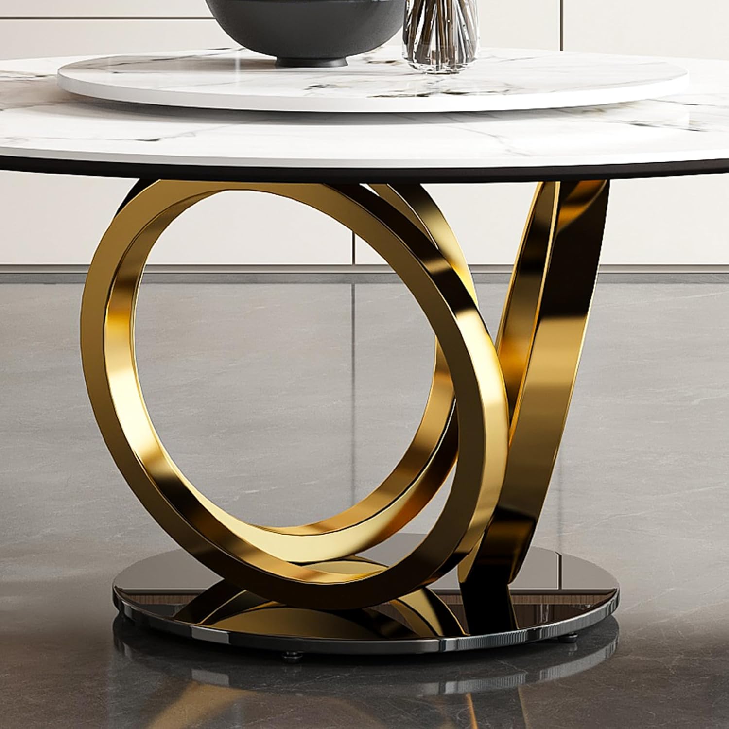 Leavader 9-Piece Round Dining Table Set with Removable Turntable, Modern Marble Dining Room Table Set of 8, Luxury 59" D Sintered Stone Dining Table with 8 PU Leather Chairs Set