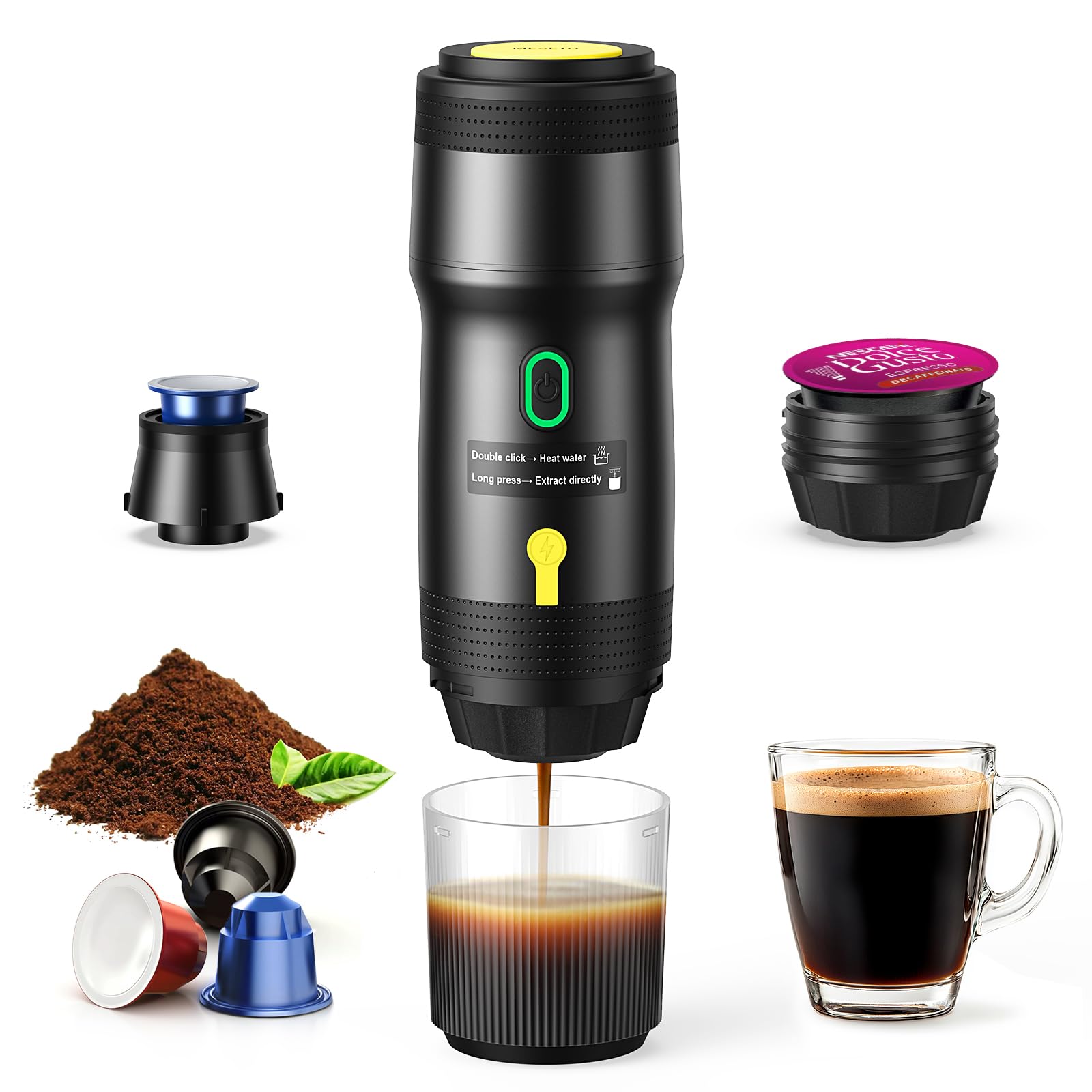 Cafetera espresso eléctrica portátil, autocalentamiento con USB-DC, cafetera de viaje para camping, compatible con cápsulas NS y café molido, cafetera portátil para senderismo, caravana, hogar