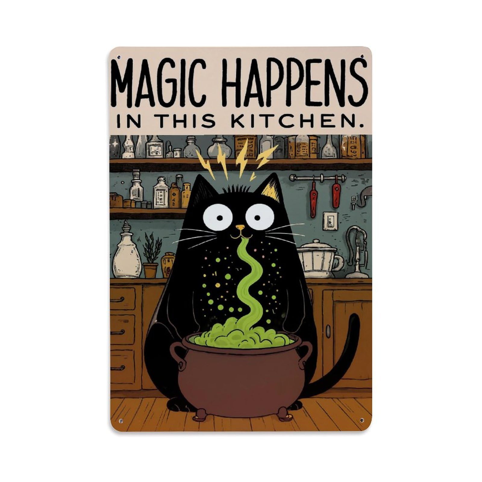 Magic Cat Kitchen Cauldron Pot Vintage Tin Sign Retro Metal Wall Decor Metal Poster, Home Bar Garage Farmhouse Cafe Wall Art Decoration 8x12Inches