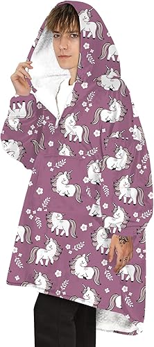 Miniatura 7 de TEMI Manta de terciopelo de felpa cómoda y suelta de gran tamaño con mangas elásticas para padres e hijos, Unicornio 02
