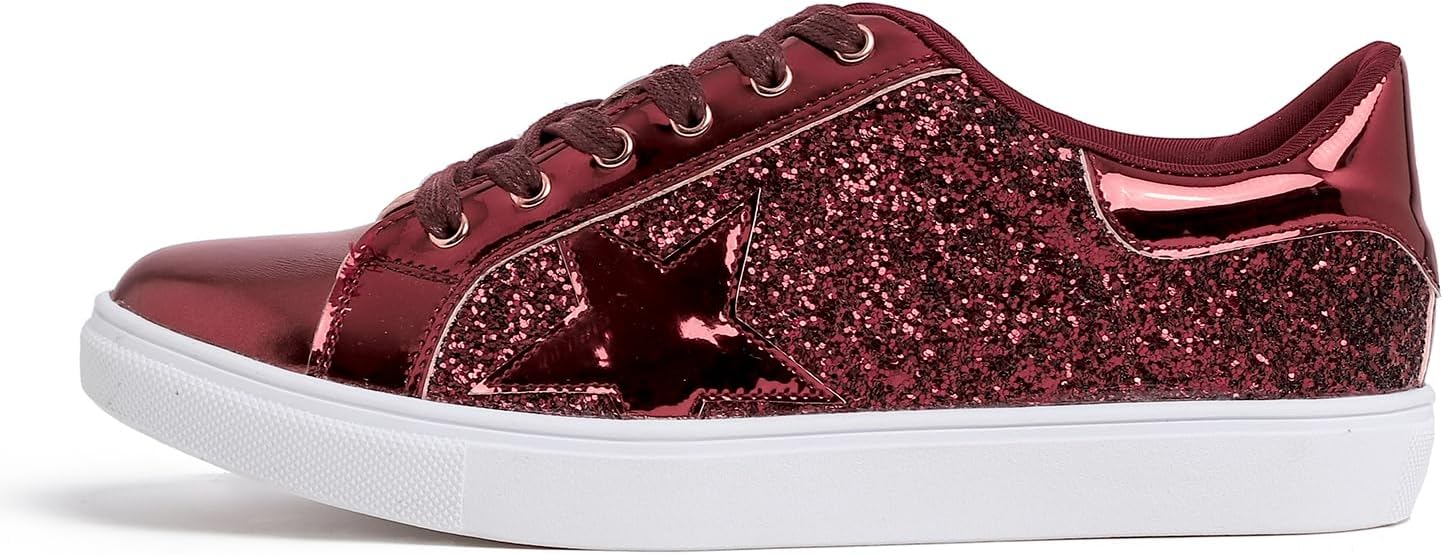 FEVERSOLE Women's Fashion Lace Up Dress Sneakers Sparkly Party Shiny Shoes - Image 2