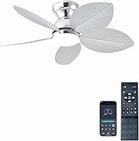 GJEG 38-Inch Tropical Palm Leaf Ceiling Fan with Light - Flush Mount, Remote/APP Control, 6-Speed Reversible, Dimmable LED, Indoor/Outdoor Chrome