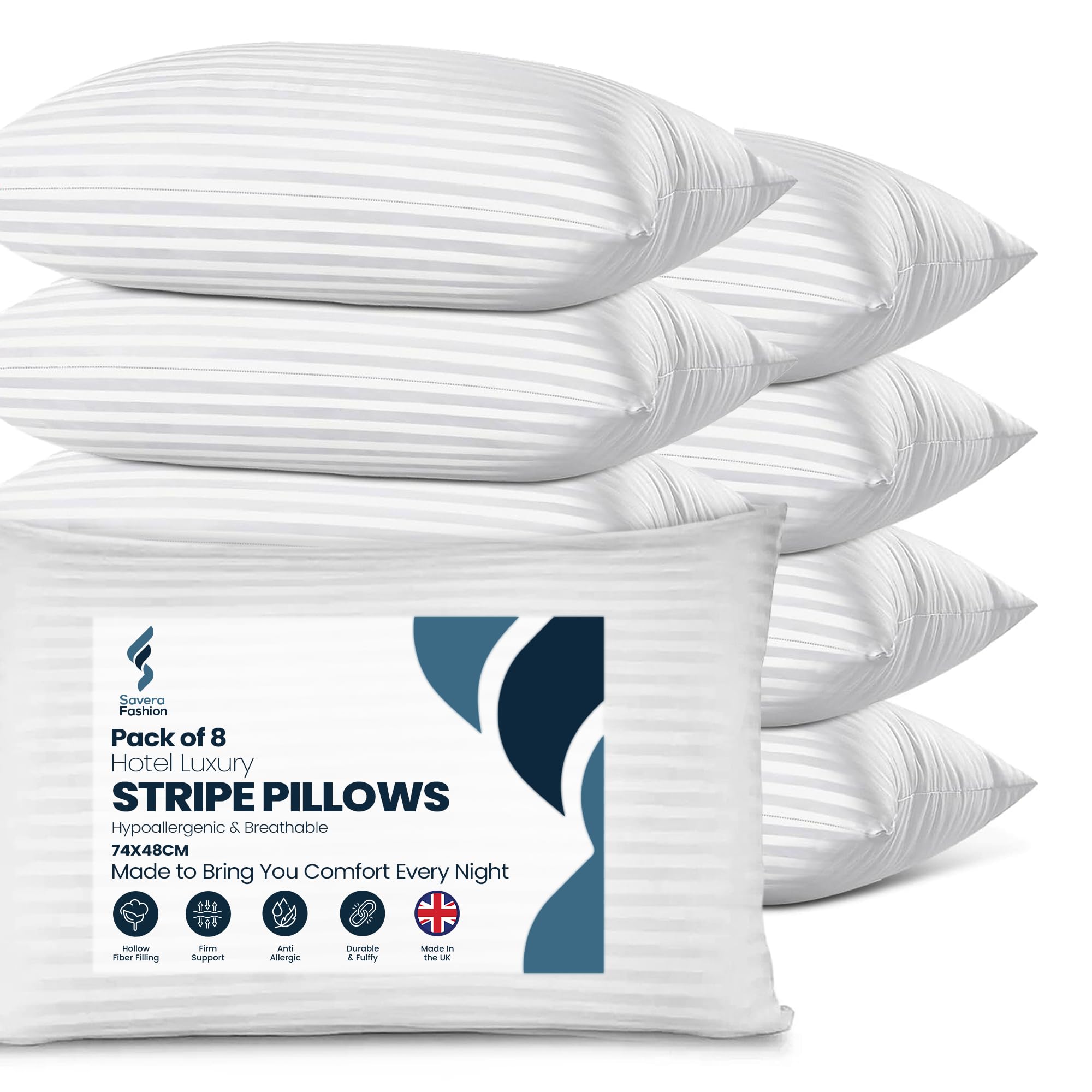 Savera Fashion Stripe Pillows 8 Pack – Hotel Quality Luxury Bed Pillows 48x74cm – Soft Hollowfibre Filling with Cotton Stripe Cover – Hypoallergenic Anti-Allergy Supportive Bulk Pillow Set
