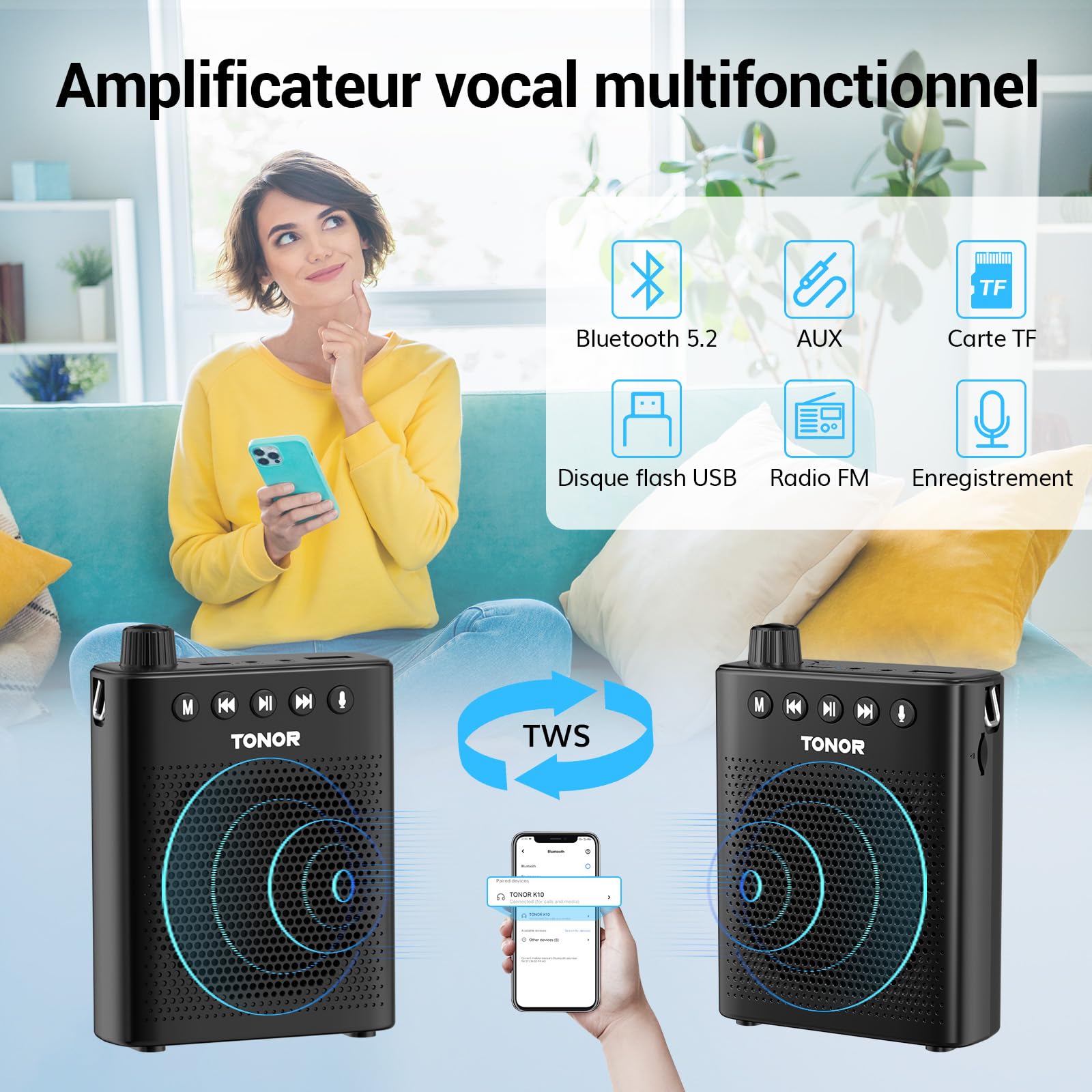 TONOR Amplificateur vocal portable pour enseignants, microphone Bluetooth rechargeable avec casque filaire et ceinture pour salle de classe/formation/yoga/discours/réunion/guides touristiques, 100 cm