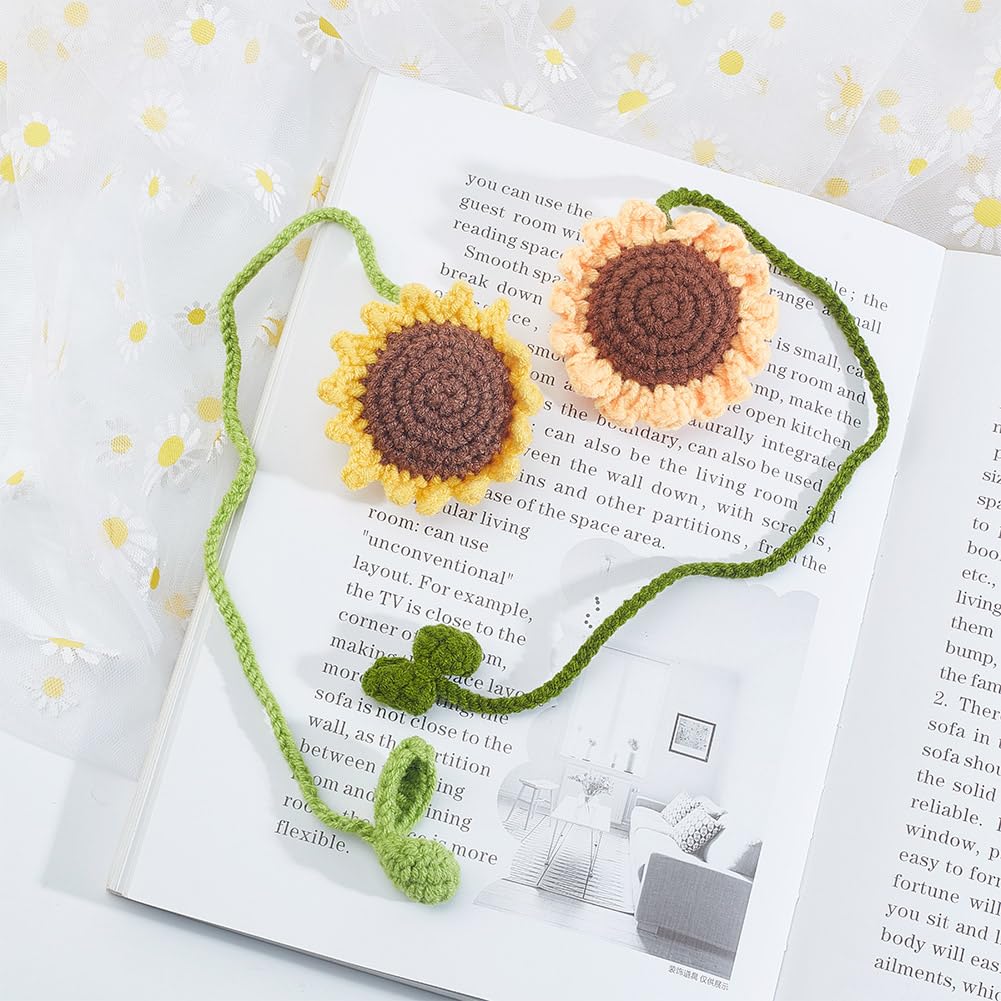 DELORIGIN 2pcs Sunflower Bookmarks 2 Styles Handmade Knitted Wool Bookmarks Curtain Ties Holdbacks Car Ornaments Flowers Book Marker Gifts for Students Teacher Readers Book Lovers Writers - Image 4