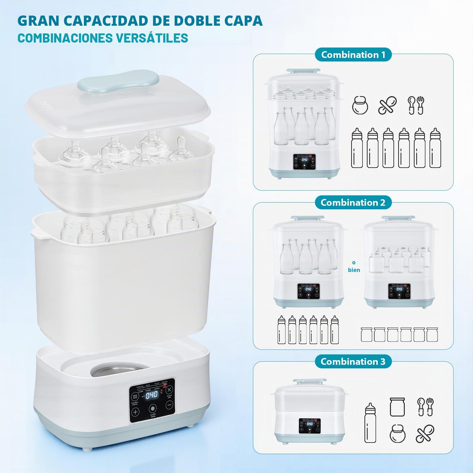 Esterilizador de vapor 5 en 1 con función de secado: esterilizador y secadora para 6 biberones, con calor de leche (35-55 °C), calentamiento de alimentos y juego completo de accesorios, ahorra espacio