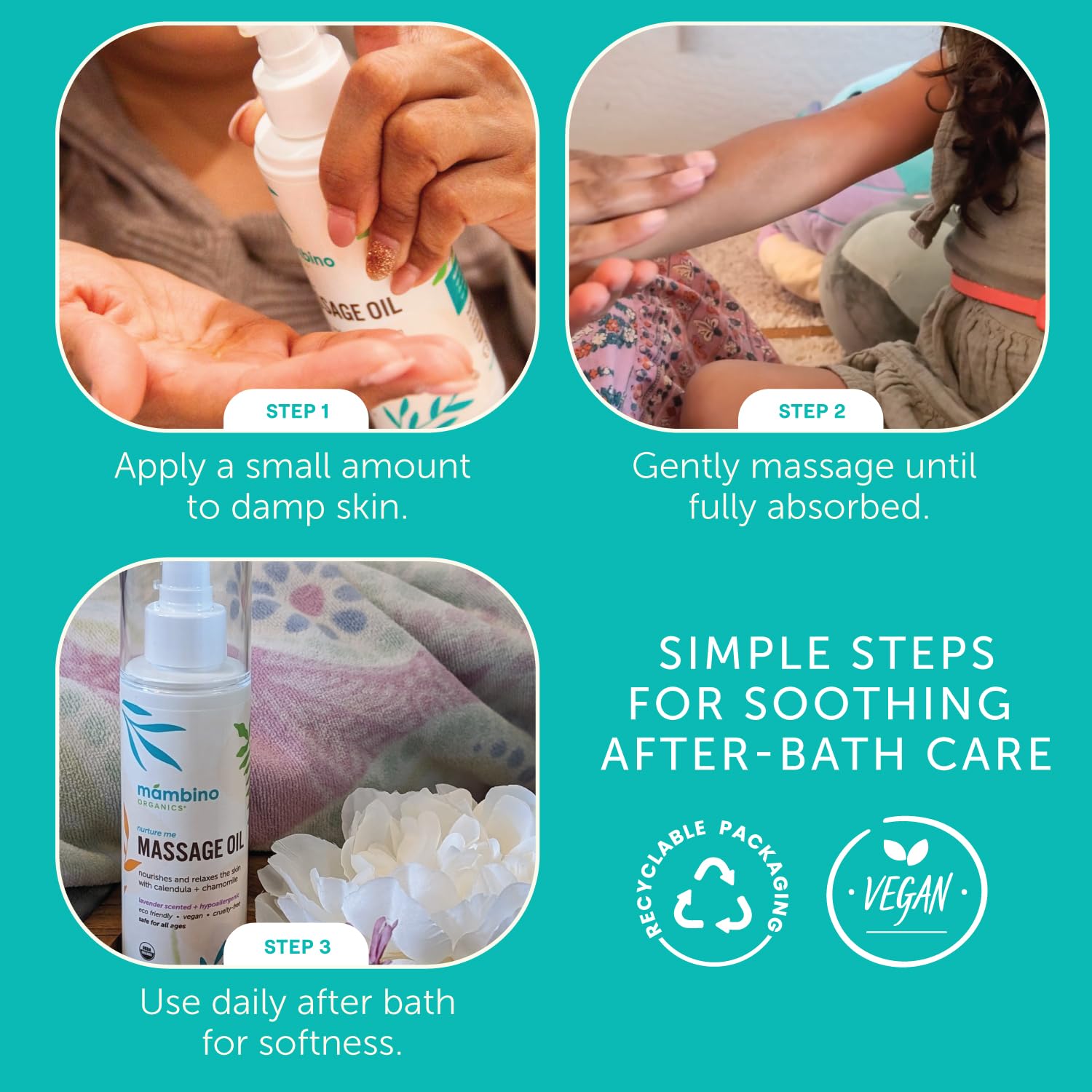 Mambino Organics Massage Baby Oil – Organic, Nourishing with Egyptian Calendula, Chamomile & Lavender – Gentle for After-Bath Relaxing – Cruelty-Free Baby Oils for Baby & Kids, 2-Pack 5 fl oz