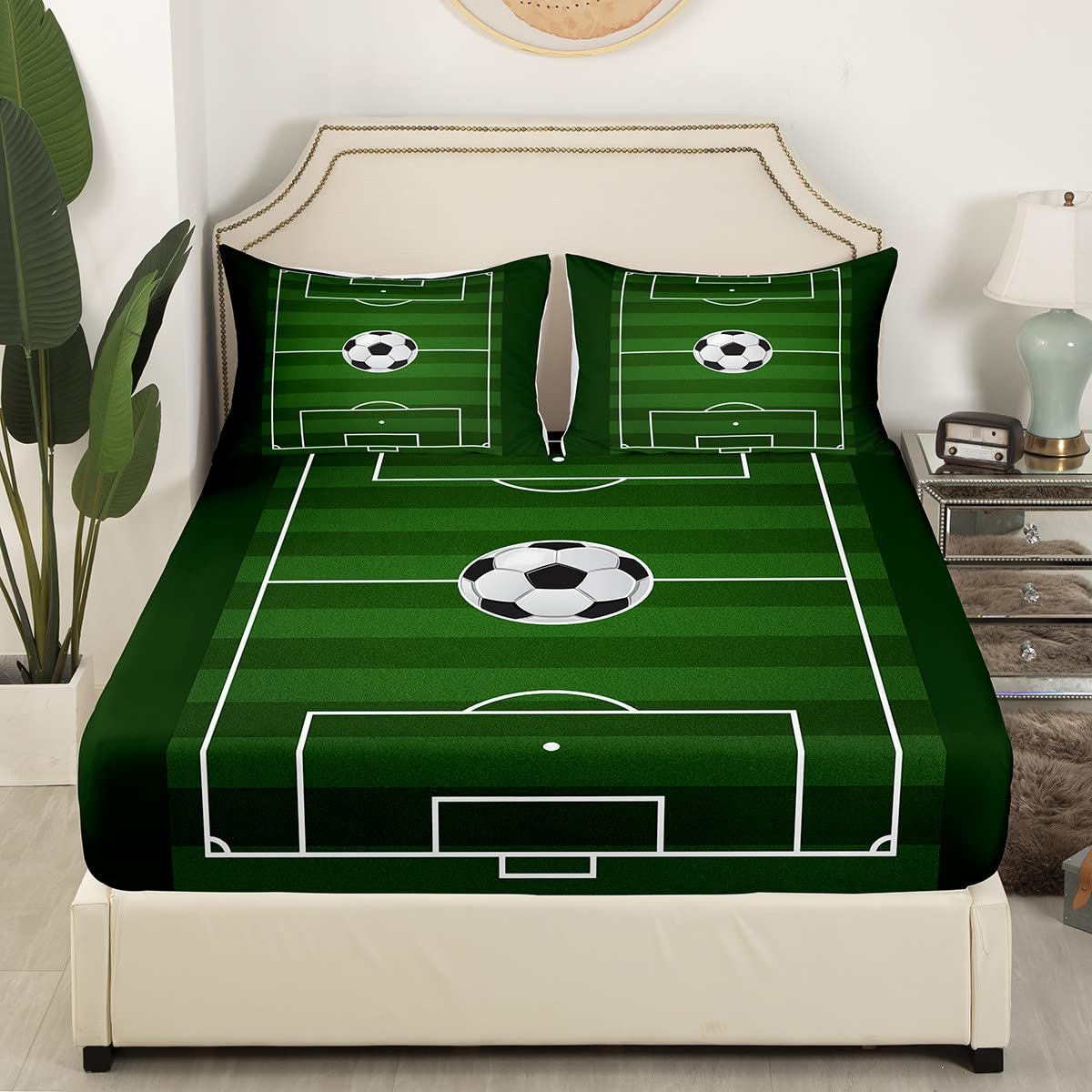 Loussiesd - Set di biancheria da letto sportivo per ragazzi con motivi di campo da calcio, pallone da calcio, 1 lenzuolo piano + 1 lenzuolo con angoli + 1 federa, misura singolo