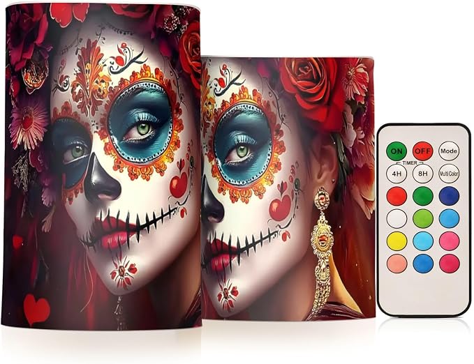 Sugar Skull Woman Flameless Candles with Remote Set of 2 - No Batteries Included, 3” Diameter Battery Candles Flickering with Timer, LED Pillar Votive Candles for Outdoor Indoor