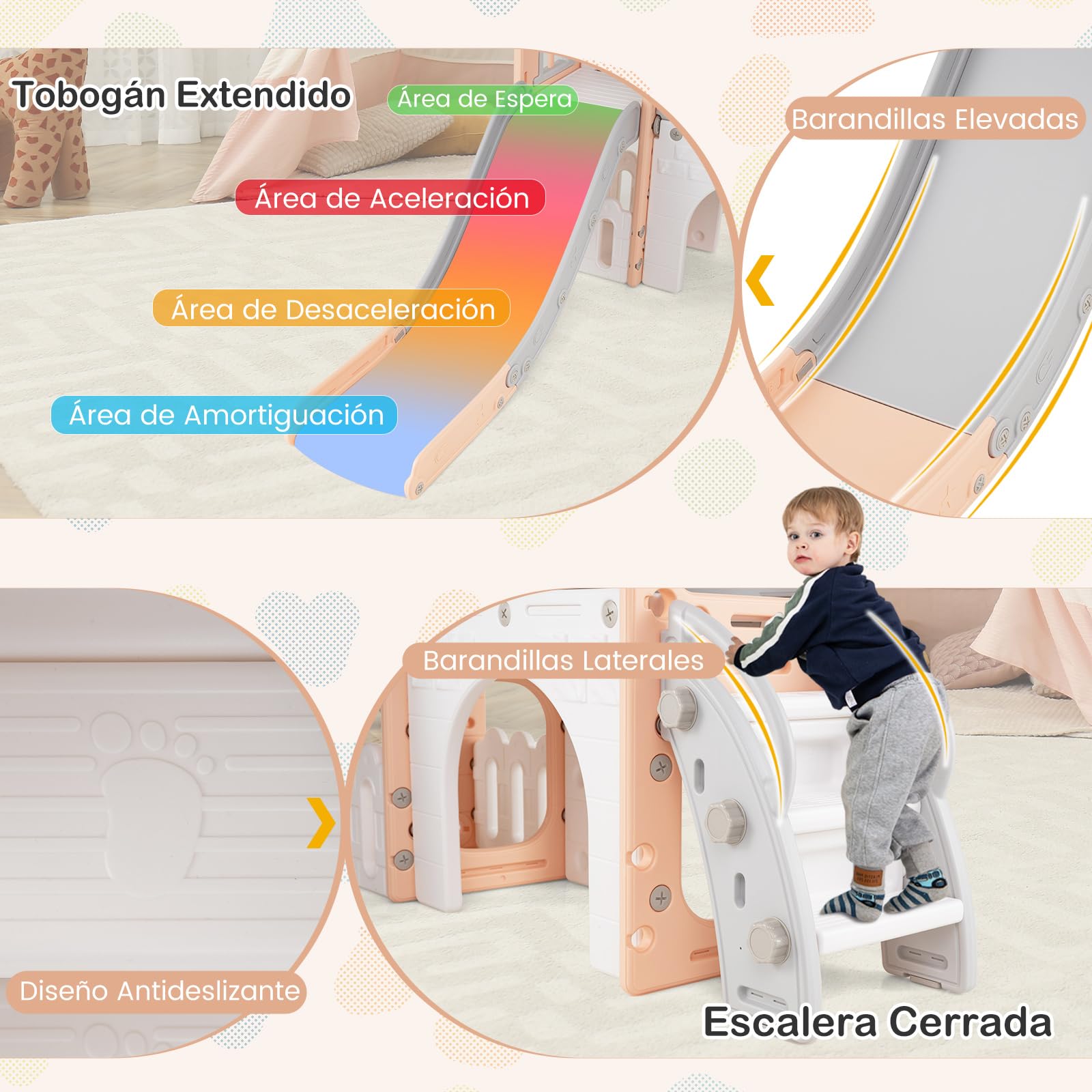 COSTWAY Tobogán Infantil 9 en 1, Juego con Tobogán y Escalera con Canasta de Baloncesto, Telescopio, Volante, Pasillo, Túnel y Espacio de Almacenamiento (Rosa y Gris)
