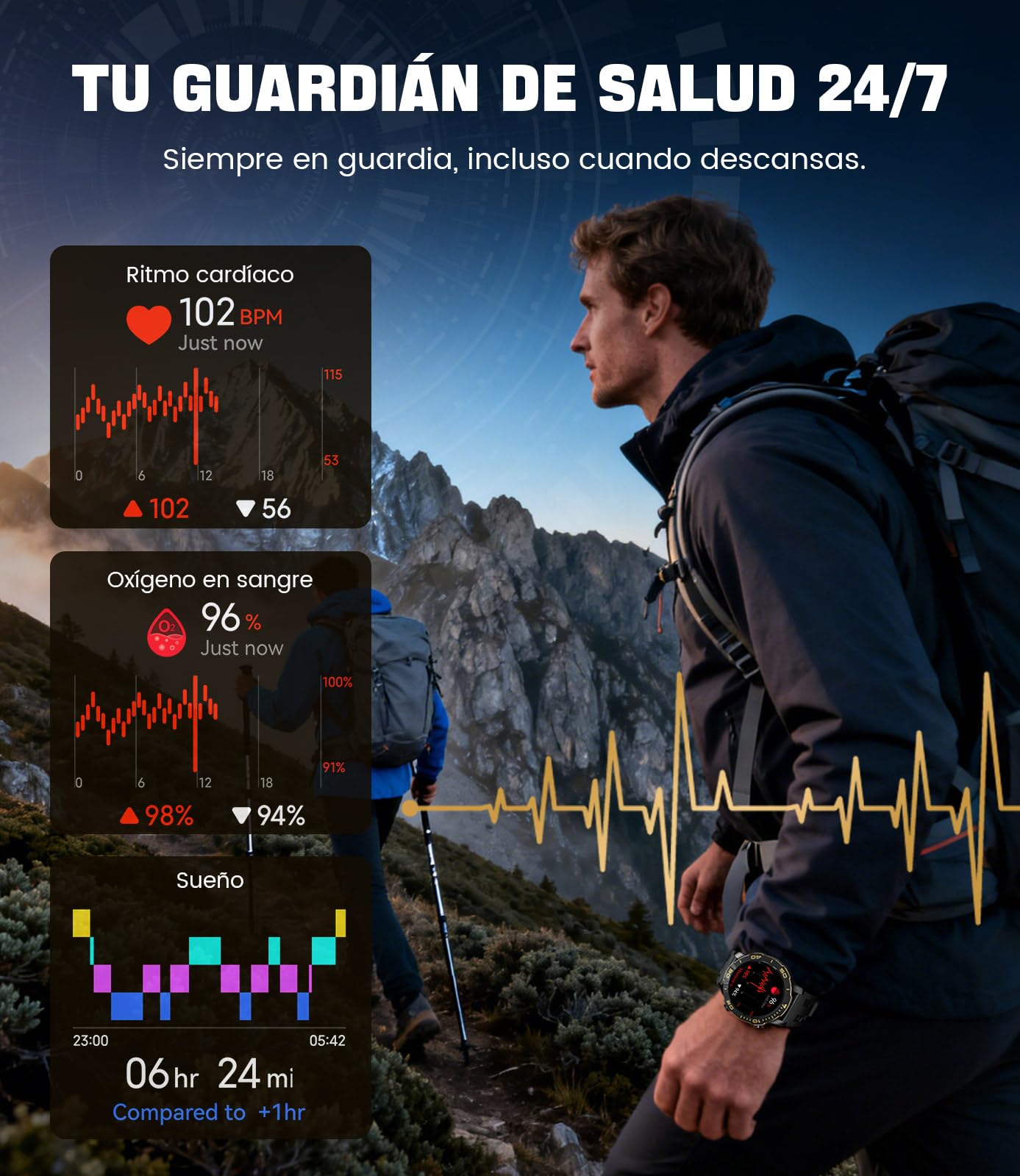LIGE Reloj Inteligente Hombre, 1.43" AMOLED Smartwatch con 24/7 Frecuencia Cardíaca, SpO2, Duración del Sueño, A Prueba de Agua IP68, 170+ Deportes, 300+ Esfera, Caja Negra con Indicios Dorado