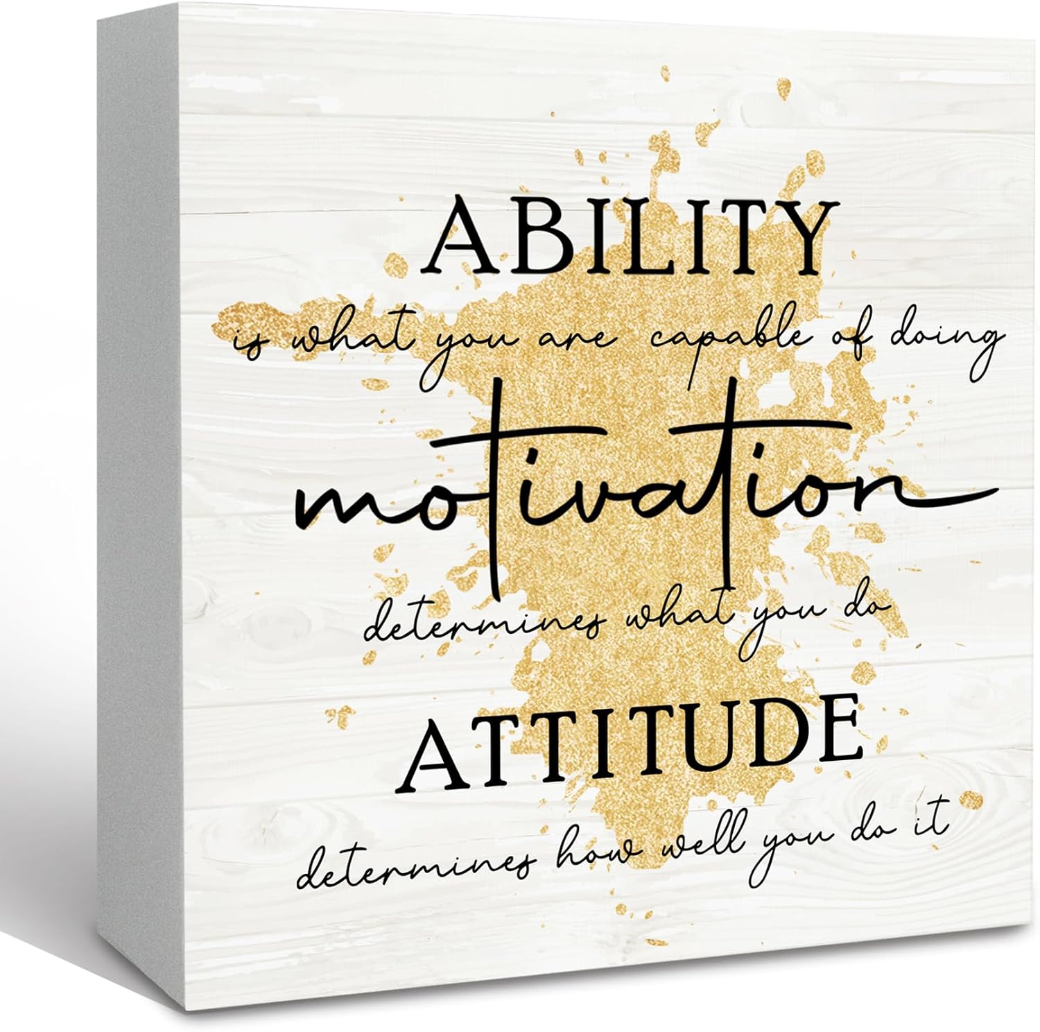 Gold Office Inspirational Quotes Wooden Box Sign Desk Decor, Ability Motivation Attitude Decorative Signs, Motivational Home Shelf Desk Decor 5x5 Inch