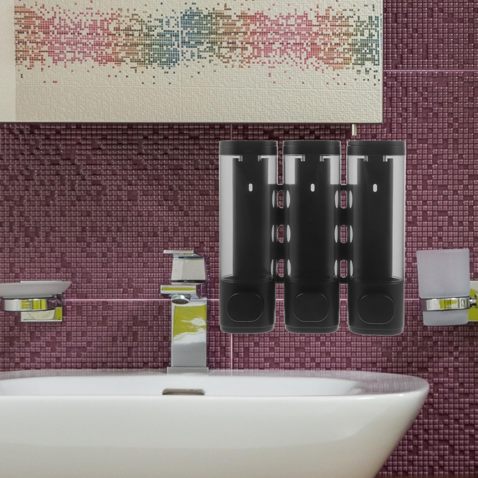 Dispenser Sapone da Muro 3 Camere Manuale per Bagno Nero Abs