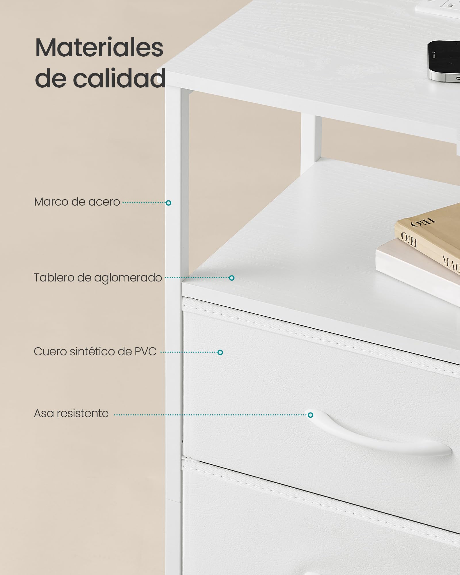 SONGMICS BELLAH Colección - Mesita de Noche con Estación de Carga, Mesa Auxiliar con Luz LED Ajustable Controlada por App, 1 Estante y 3 Cajones, Juego de 2, Blanco Nube LGS203W102