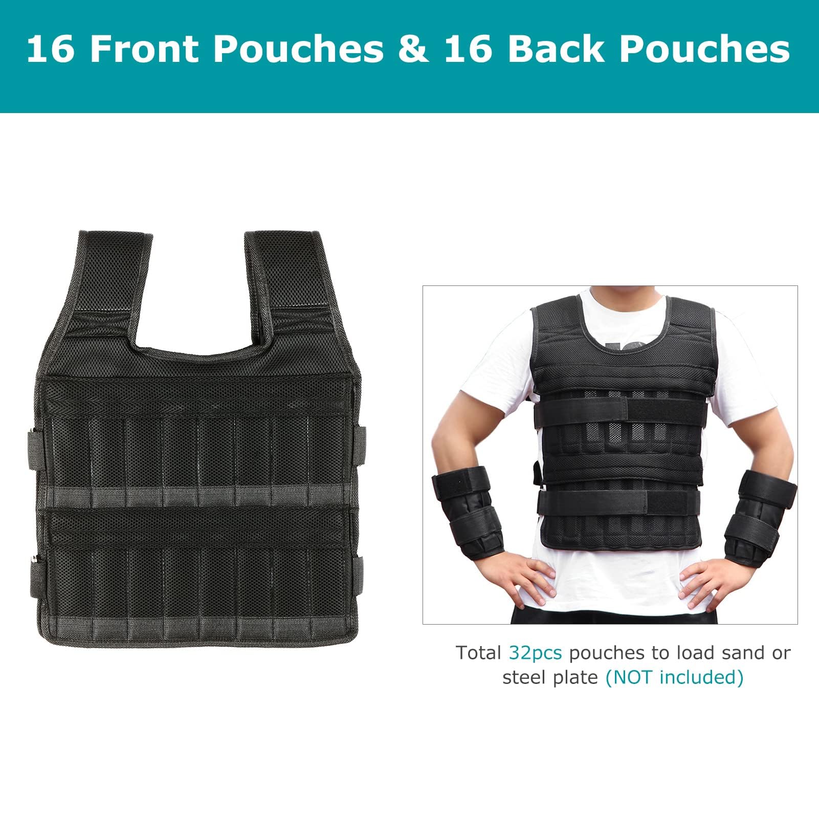 Gilet de Poids de 35 Kg avec Poids de 6 Kg pour les Jambes et 5 Kg pour les Bras, Gilet D'entraînement Réglable avec 32 Poches, Tissu en , Bretelles Absorbant les Chocs,