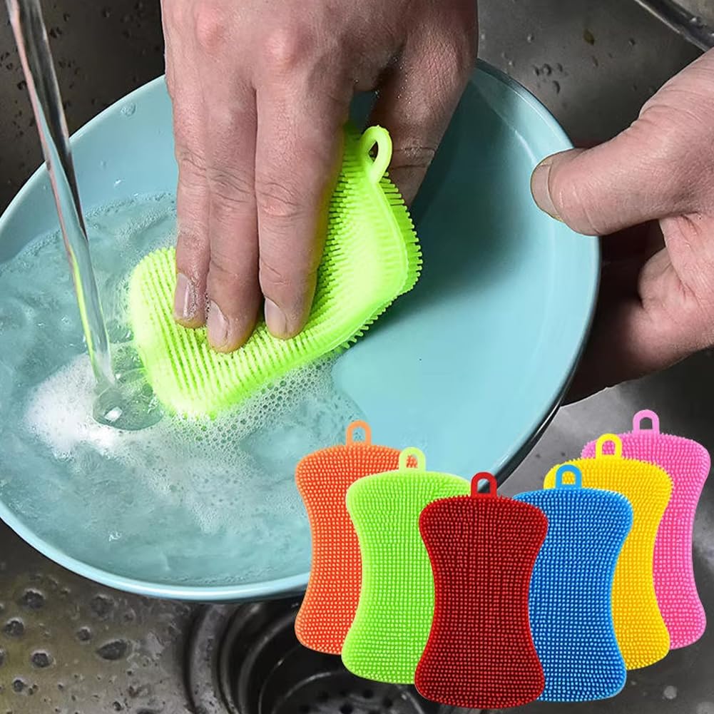 3-Pack Silicone Dish Sponges & Scrubbers - Food Grade BPA-Free, Double Sided Reusable Kitchen Sponge Brush for Dishes, Fruits, Vegetables Cleaning