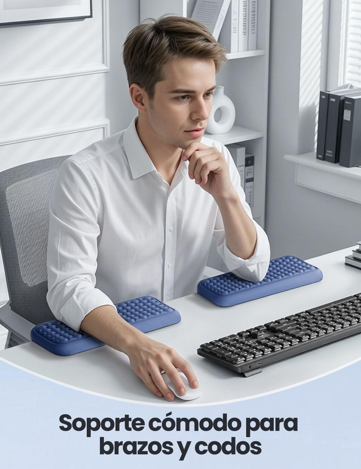 VAYDEER Juego de 2 Almohadillas de Codo en Forma de L — Cojines Reposamuñecas con Espuma Viscoelástica para Borde del Escritorio, Soporte Ergonómico para Muñeca y Antebrazo, Base Antideslizante (Azul)