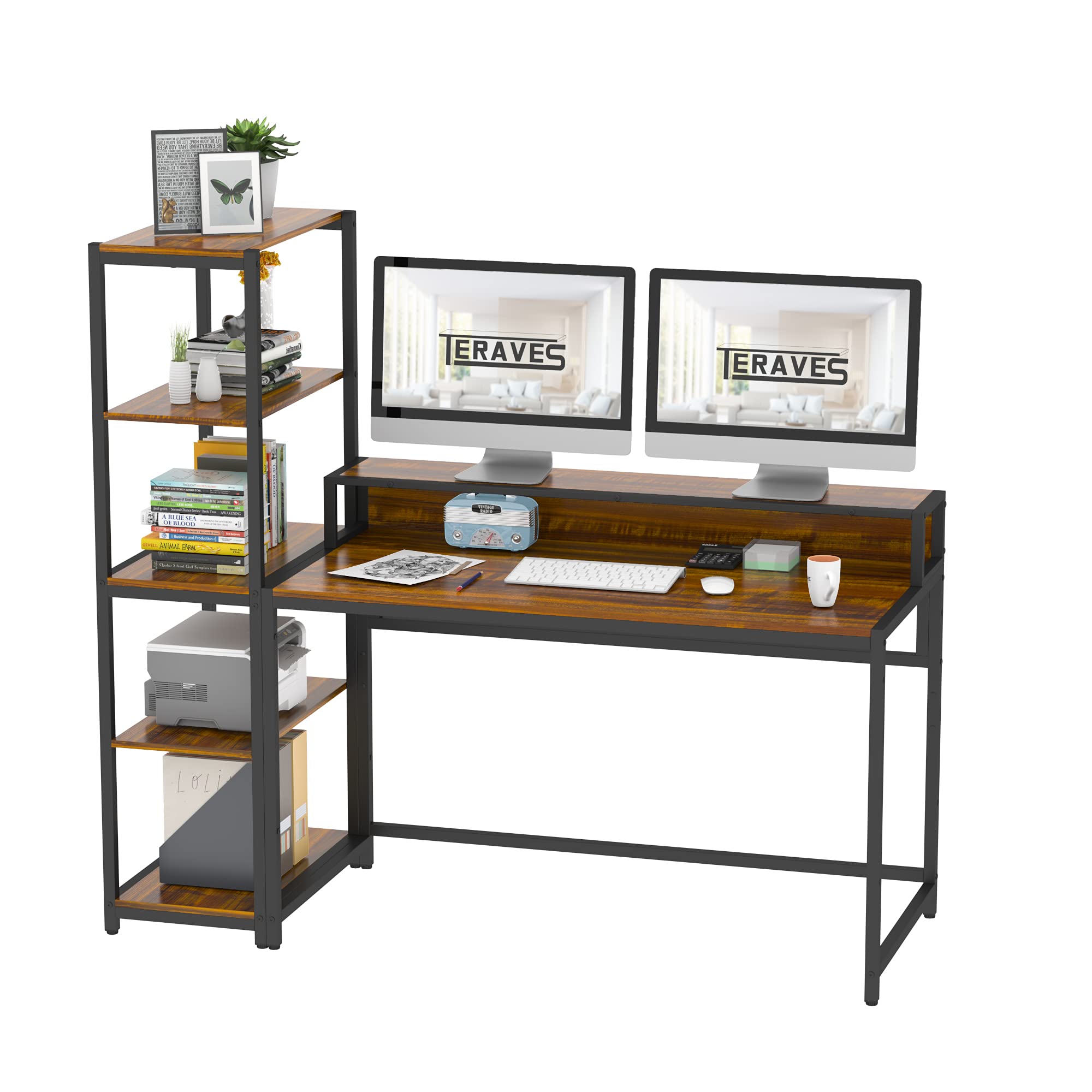 Buy Teraves Computer Desk with 5 Tier Shelves,Reversible Writing Desk