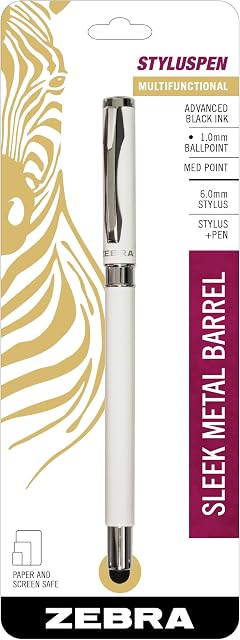 Zebra StylusPen Capped Ballpoint Pen with Touchscreen Stylus Tip, Black Ink, Medium 1.0mm Point with White Barrel, Dual-Function Writing and Device Navigation, 1-Pack (33201)