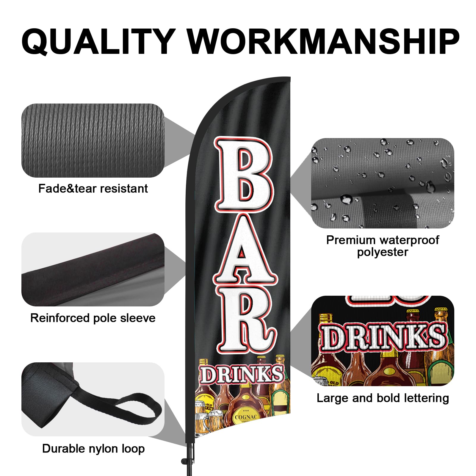 Banderas publicitarias para bebidas de bar, banderas de plumas con poste y estaca para el suelo, carteles publicitarios de plumas de 8 pies para bar bebidas y negocios