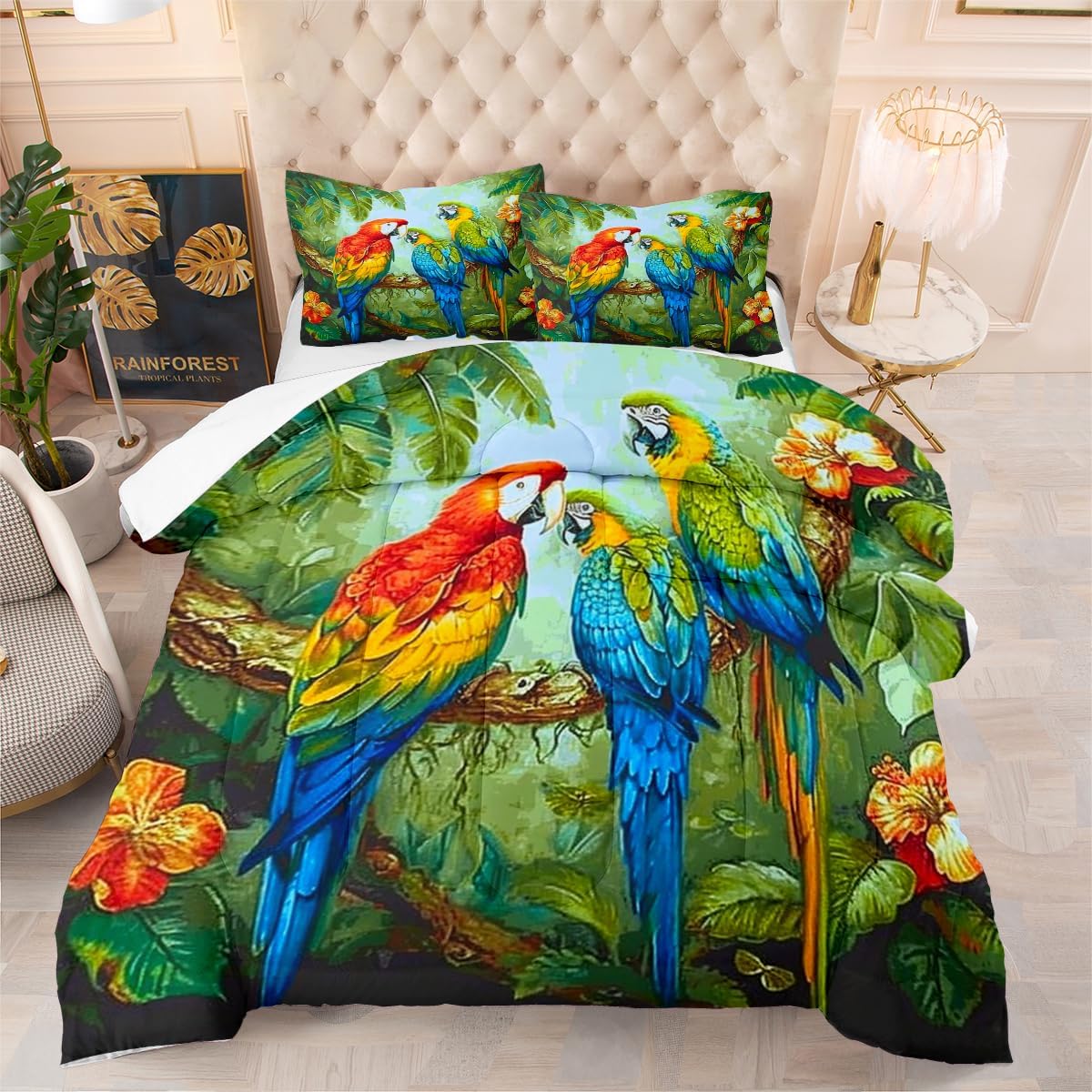 Parrot Comforter Set Queen Size Tropical Bird Animal Bedding Set Colorful Feather Comforter Sets Forest Coconut Tree Bed Set Soft Down Alternative Comforter for All Season(Gilrs Women)