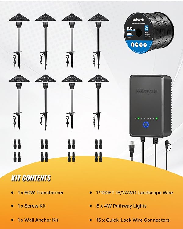 WILAWELS All-in-One LED Low Voltage Landscape Lighting Kit, 8-Pack LED Pathway Lights with Transformer, 100FT Wire and Connectors, 3000K Waterproof Landscape Lighting for Yard Garden Walkway W03LK06 by WILAWELS - Used condition - Image 9