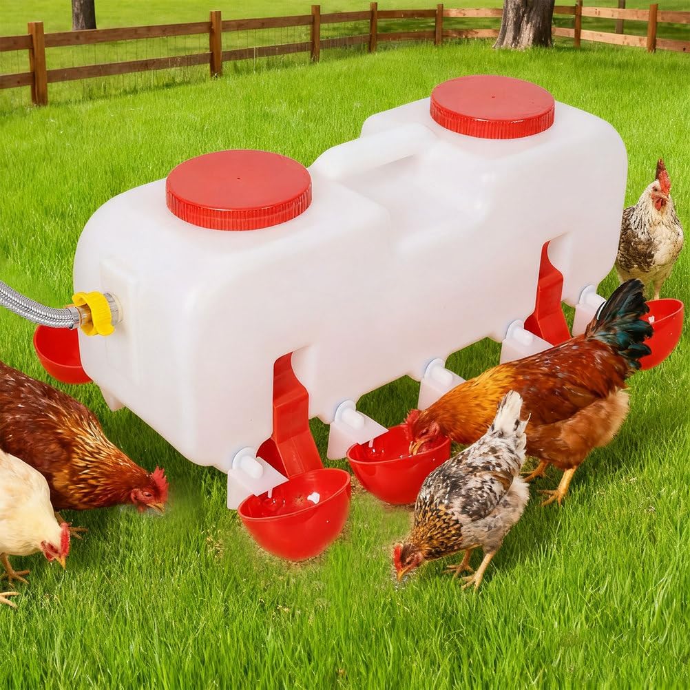 Automatic Chicken Waterer with 10 Drinking Cups, 2.5 Gallon Poultry Dispenser with Hose Attachment & Float Valve for Chickens, Ducks, Geese, Easy Cleaning & Disassembly