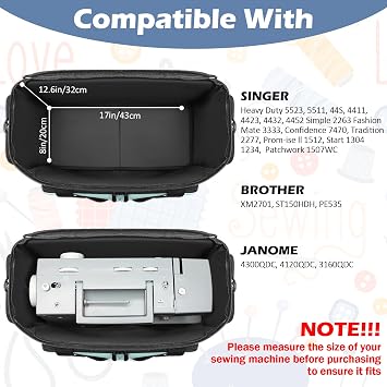 Sewing Machine Case with Wheels, Rolling Sewing Machine Tote Bag | with Removable Bottom Pad & Multiple Storage Pockets, Compatible with Singer, Brother, Janome