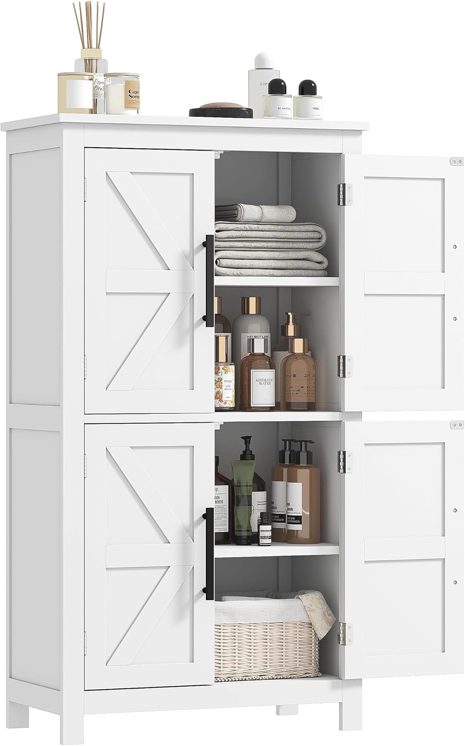HOMCOM Farmhouse Bathroom Storage Cabinet with 4 Barn Doors, Bathroom Floor Cabinet with 2 Adjustable Shelf, Freestanding Storage Cupboard, White HOMCOM Farmhouse Bathroom Storage Cabinet with 4 Barn Doors, Bathroom Floor Cabinet with 2 Adjustable Shelf, Freestanding Storage Cupboard, White