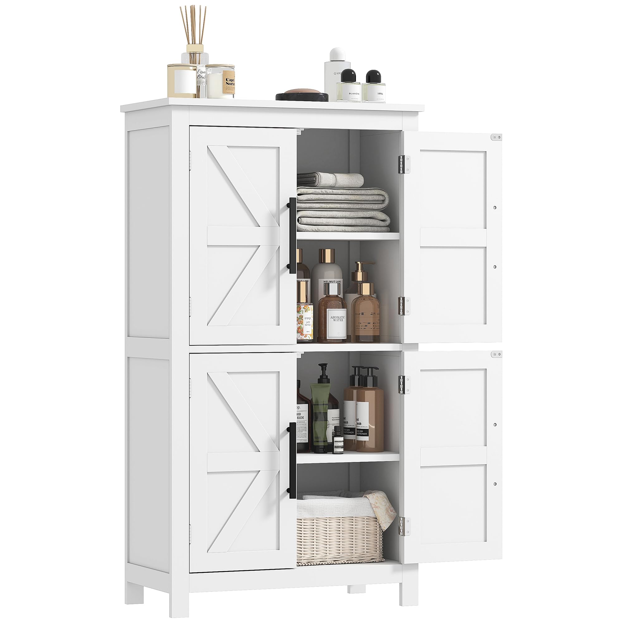 Photo 1 of ***PARTS ONLY**MISSING PIECES***
HOMCOM Farmhouse Bathroom Storage Cabinet with 4 Barn Doors, Bathroom Floor Cabinet with 2 Adjustable Shelf, Freestanding Storage Cupboard, White