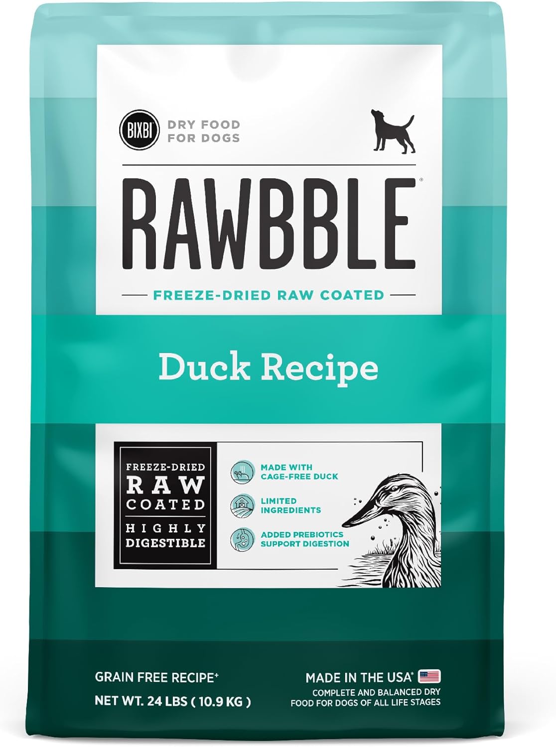 BIXBI Rawbble Freeze-Dried Raw Coated Dog Food, Duck – Fresh Meat, No Meat Meals, Grain-Free – USA Made, 24 lbs