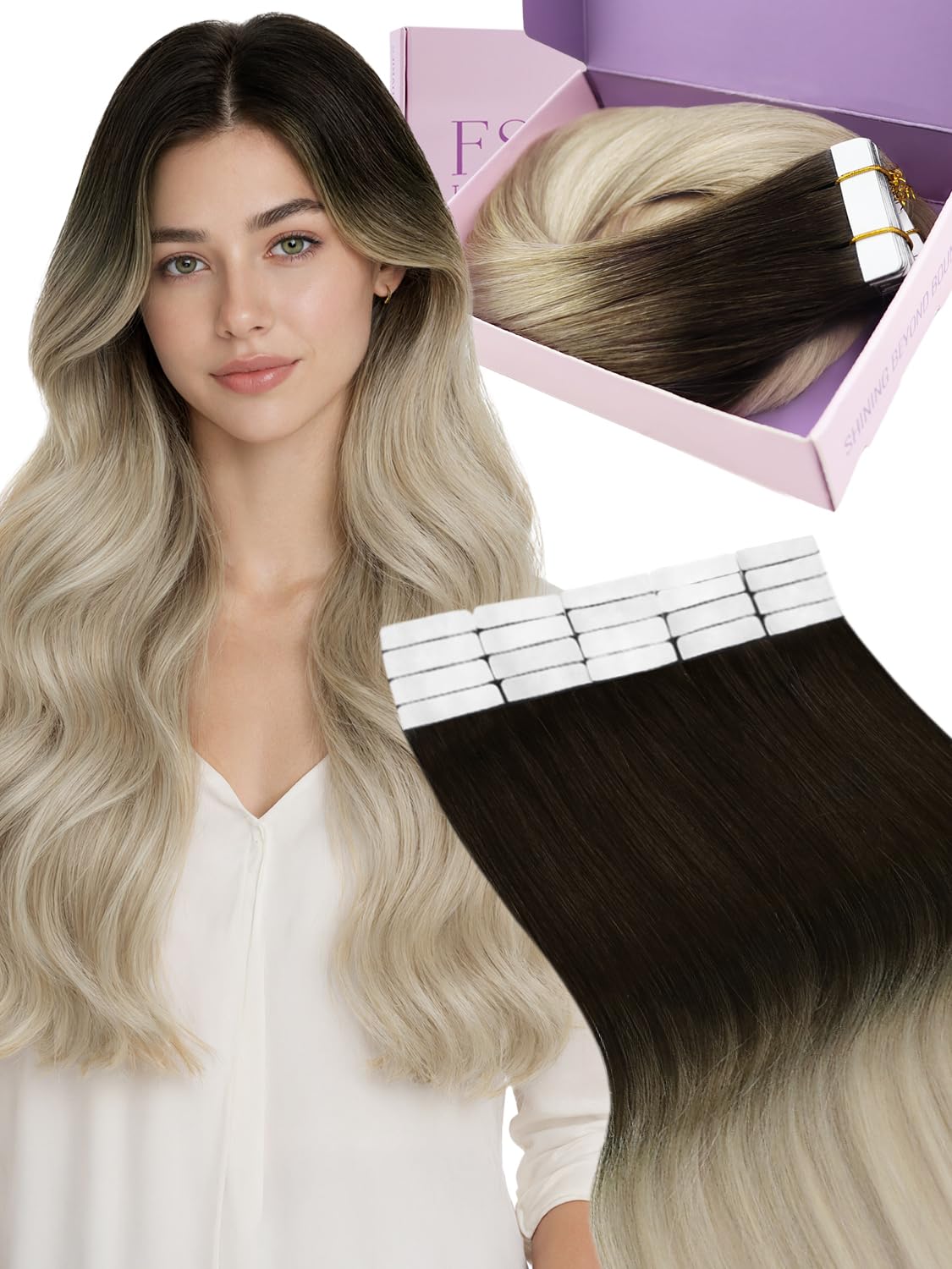 Fshine Extensiones Adhesivas Pelo Natural 20 Pulgadas 50g Cabello Humano Marrón Claro Balayage Rubio Y Marrón Claro Cinta 20Pcs Liso Color 6 60 6 — view 29